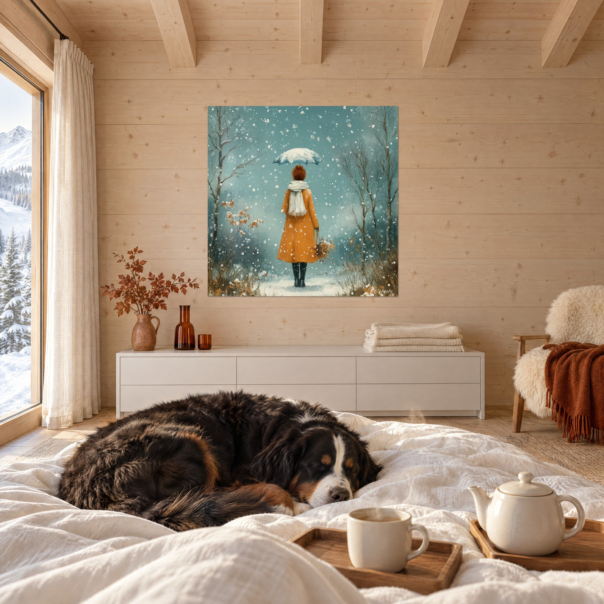 Cuadro moño pelirrojo y abrigo mostaza entre los copos de nieve, fondo turquesa, colgado sobre una cama en un dormitorio luminoso