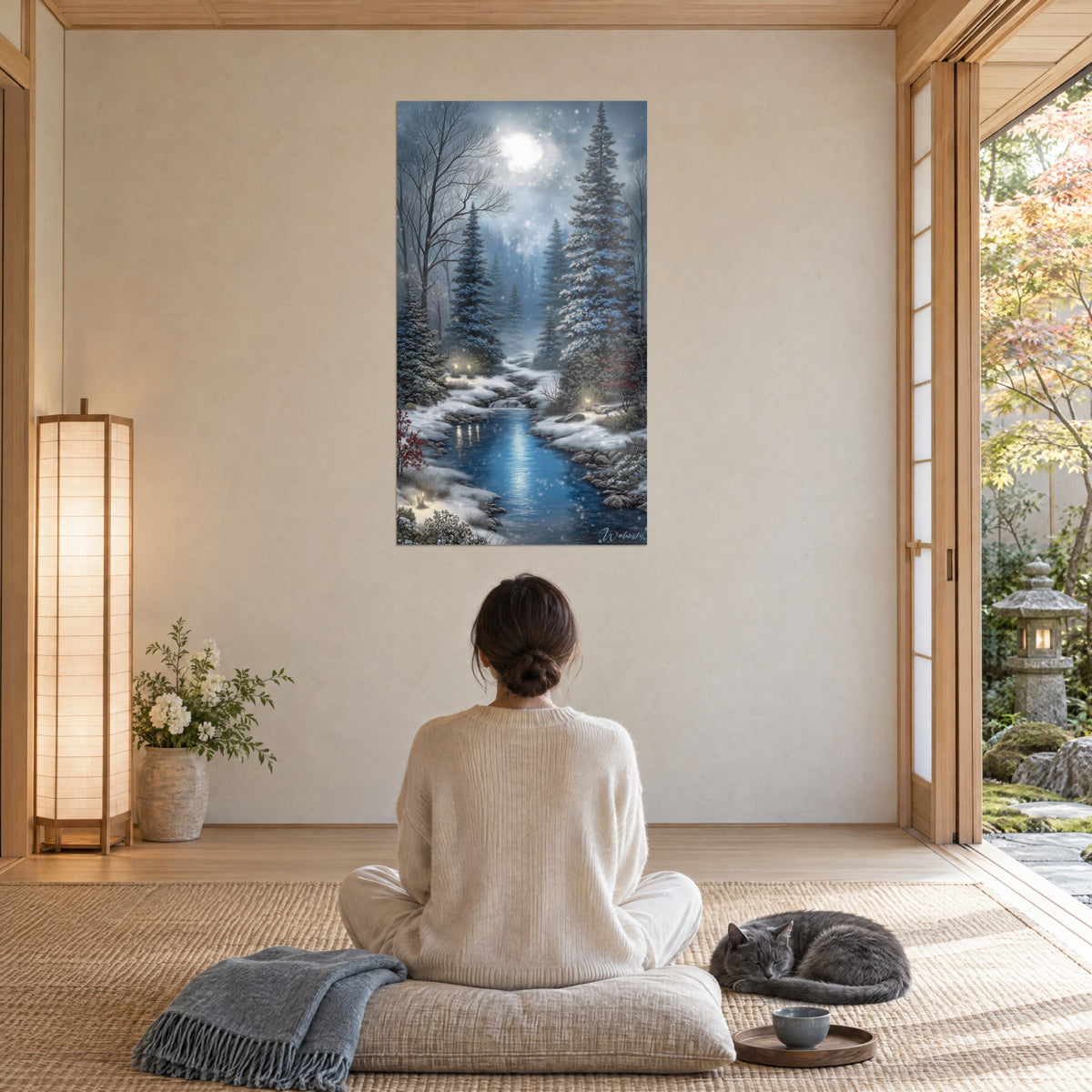 Schilderij mysterieuze poolsfeer, koningsblauwe waterloop die de maan weerspiegelt, berijpte sparren en gele gloed, japandi kamer met kat