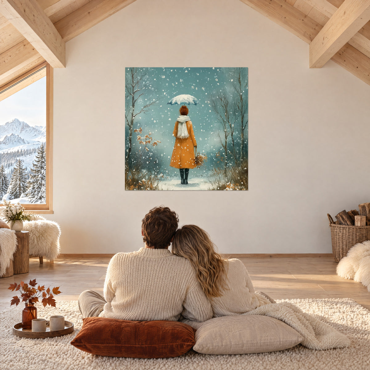 Cuadro mujer de espaldas bajo una sombrilla nevada, abrigo naranja y bufanda crema, en un salón de chalet bajo la armadura del techo