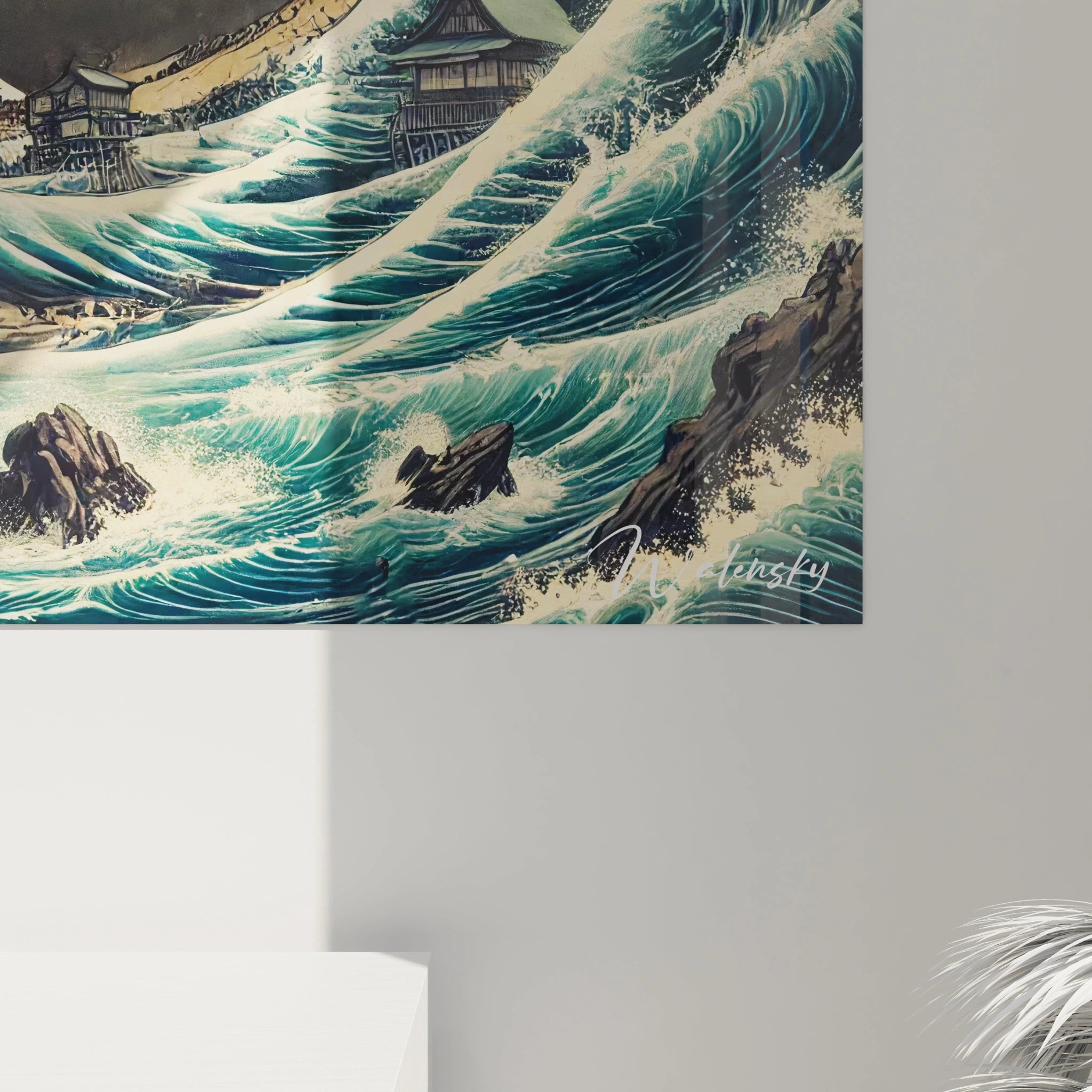 vue rapprochée tableau Hokusai détails précis des vagues lignes graphiques contrastes beige noir bleu mont Fuji immuable reflet de la beauté de l’art japonais modernisé captivant et intemporel