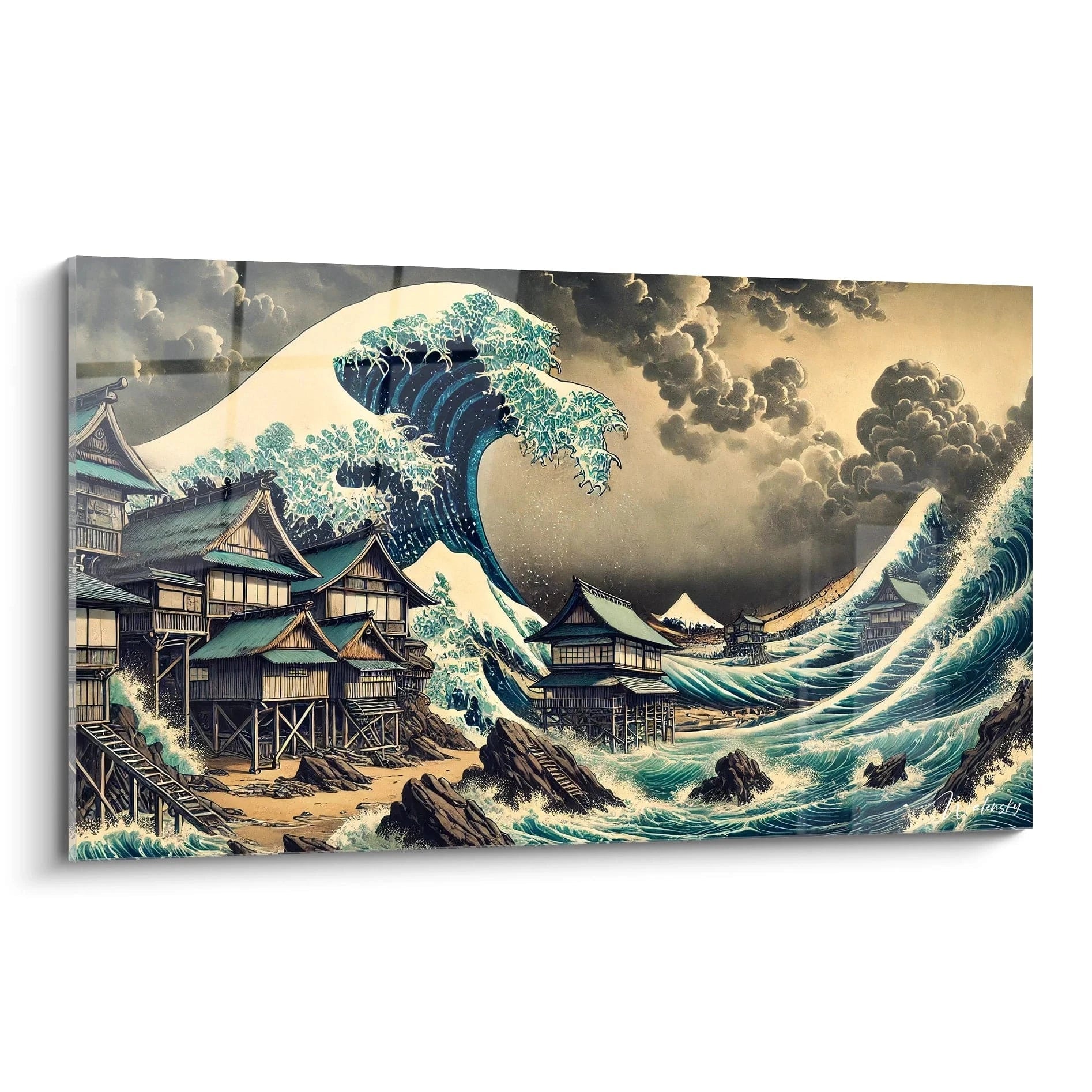 tableau Hokusai vu de biais aux couleurs bleu beige noir des vagues puissantes et du mont Fuji contraste élégant et lignes nettes style inspiré des estampes japonaises idéal pour tout intérieur
