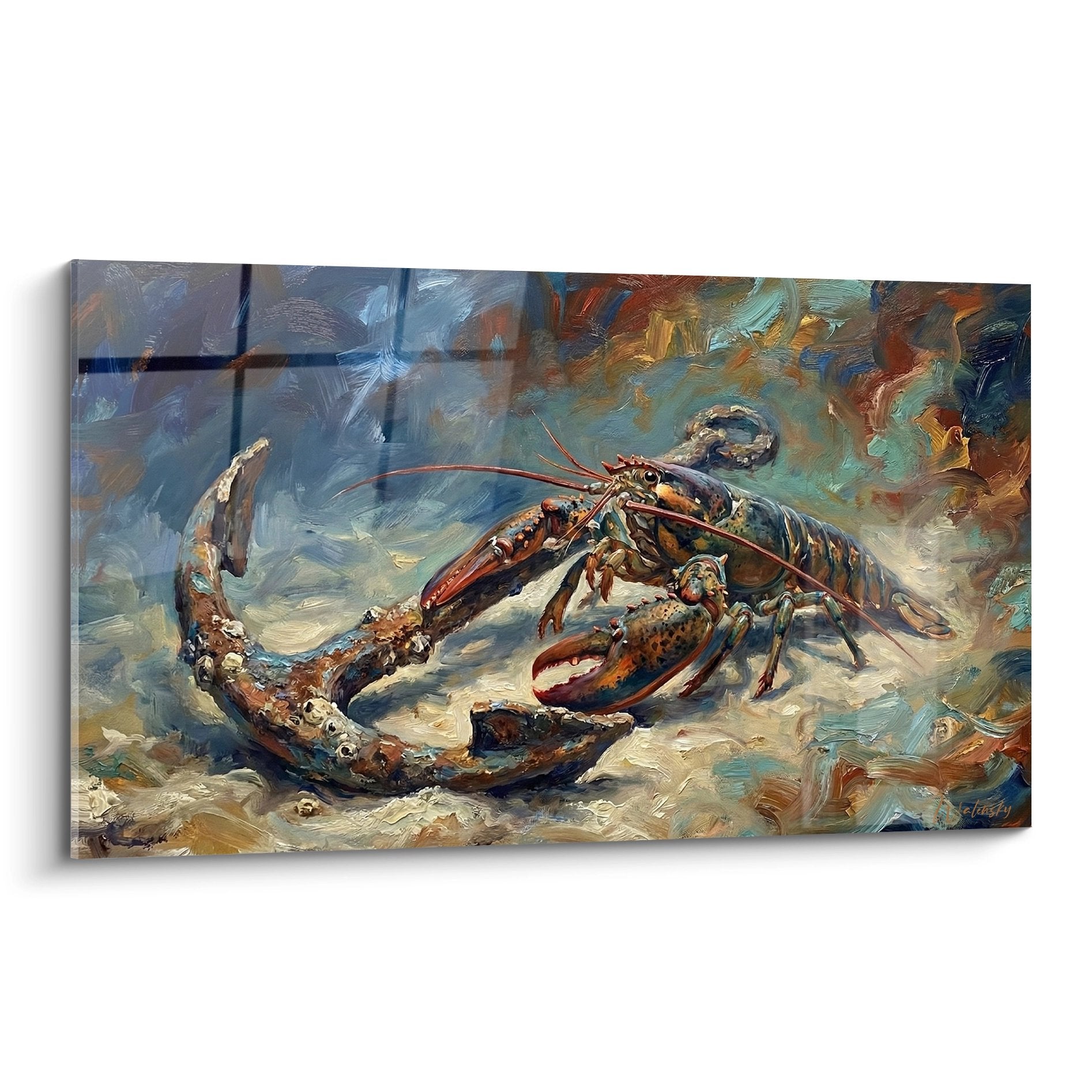 Ausdrucksstarkes Gemälde eines Hummers in leuchtenden Farben mit offenen Scheren auf türkisfarbenem und ockernem Hintergrund