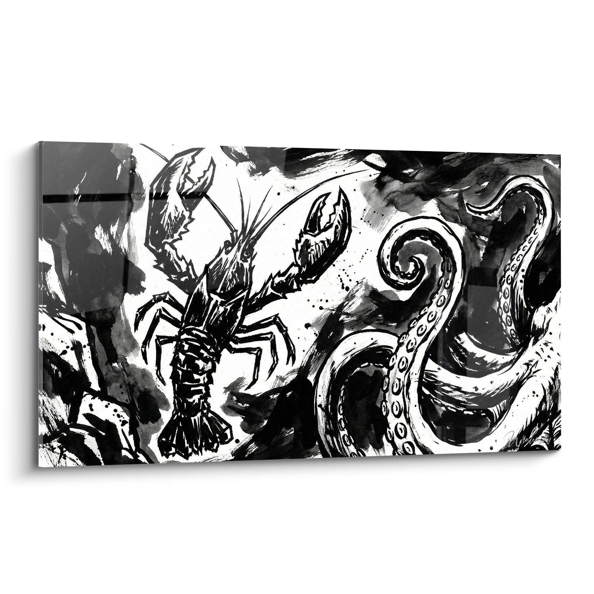 Künstlerisches Gemälde schwarzer weißer Hummer mit wellenförmigen Tentakeln Tuschezeichnung Lavis-Stil moderner expressionistischer Stil