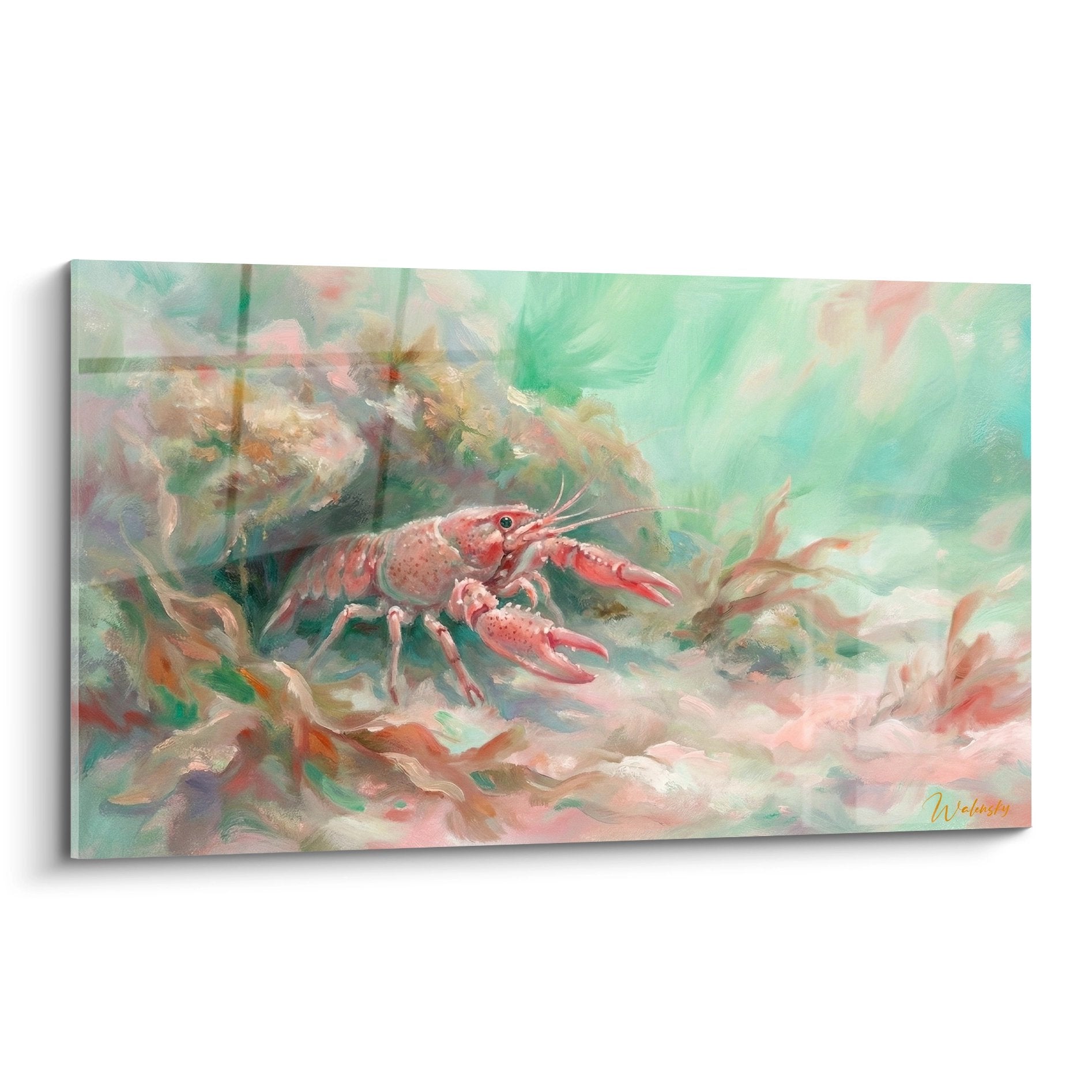 Impressionistisches Gemälde roter Hummer mit majestätischen Scheren aquatische grüne Türkis-Atmosphäre