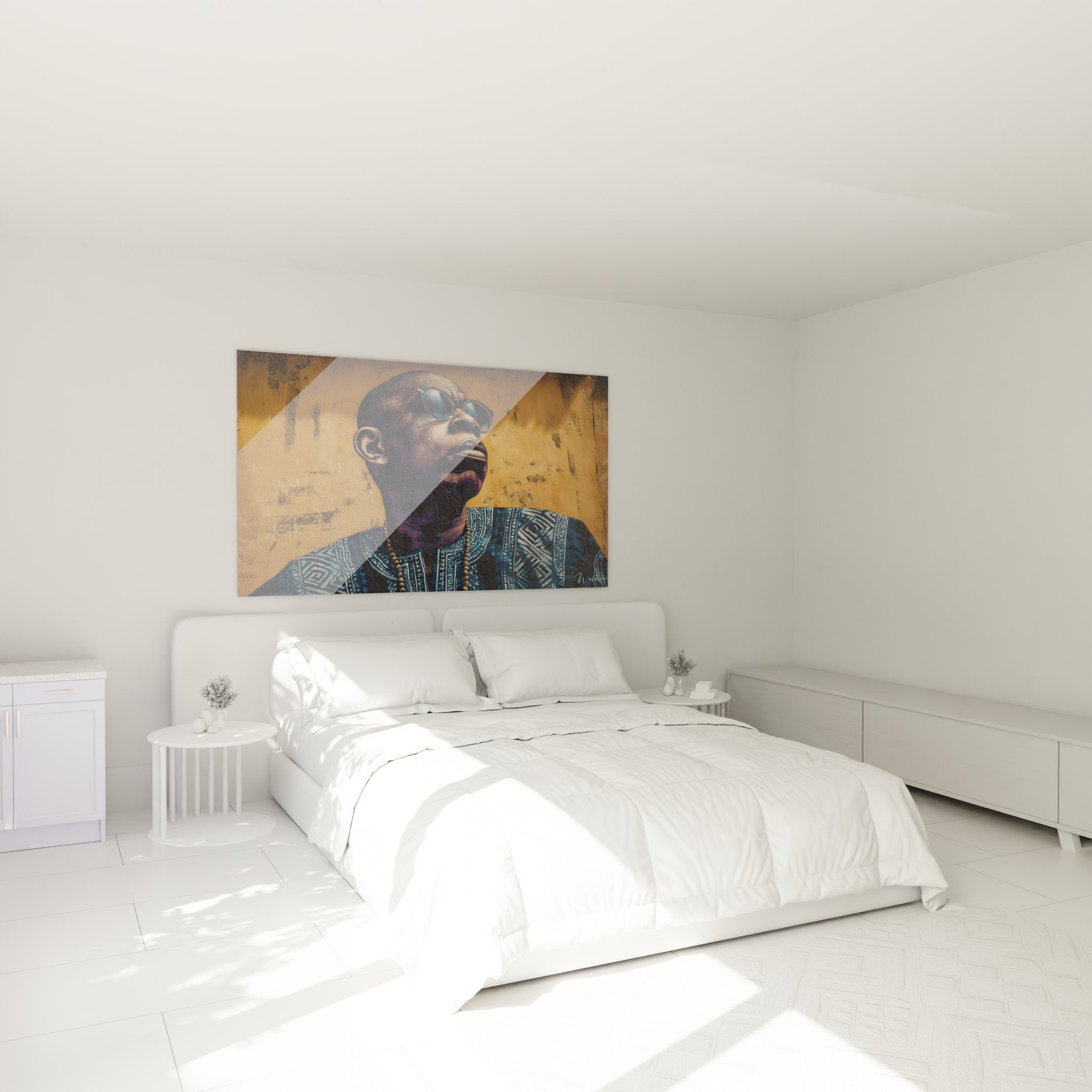 Décoration chambre avec tableau homme africain lunettes dans ambiance cosy et moderne