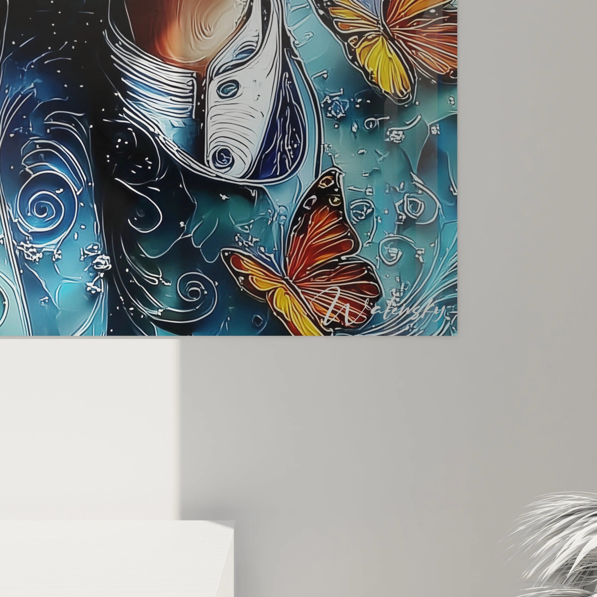 Walensky tableau homme au chapeau stylise bleu avec papillons orange et motifs tourbillons