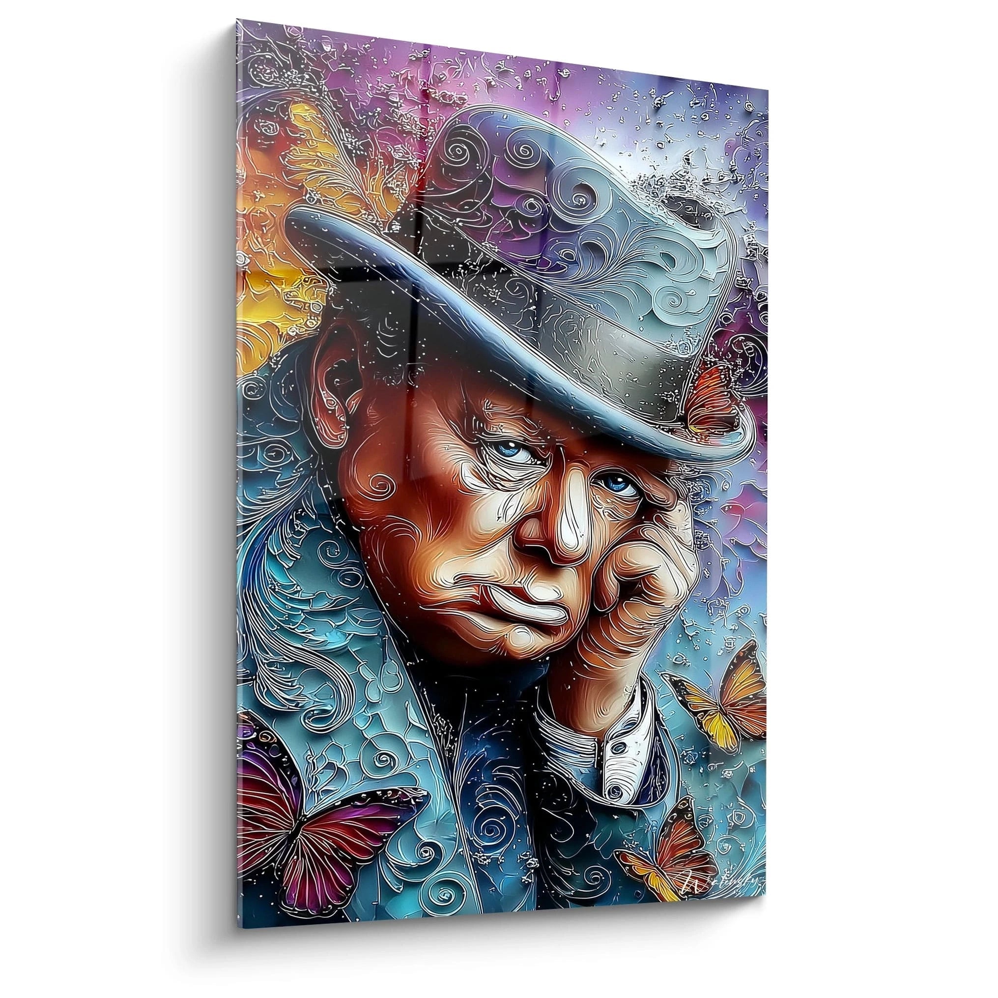 tableau homme au chapeau Walensky peinture murale colorée avec papillons, visage expressif et texture en relief