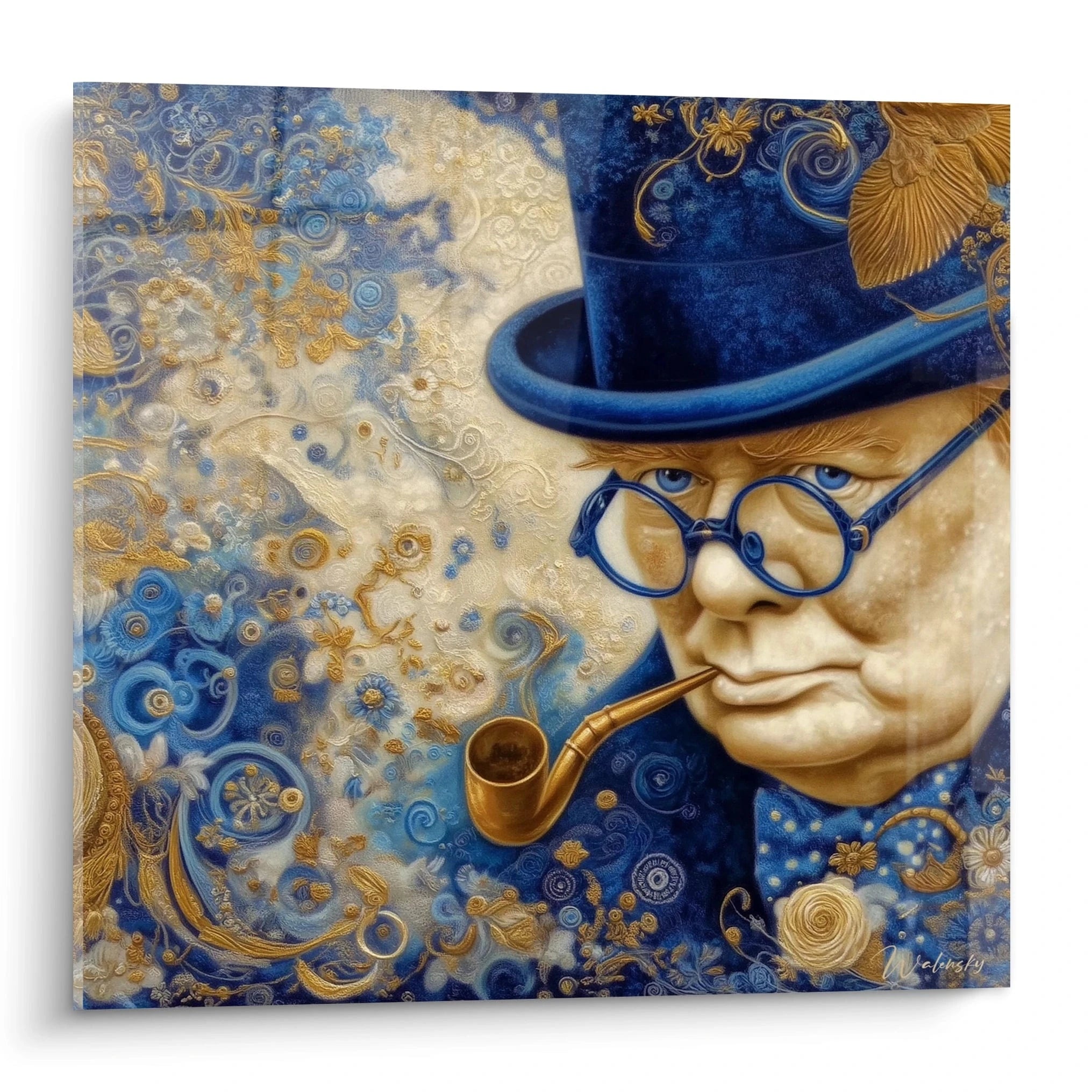 Tableau mural portrait stylisé de Winston Churchill en bleu et or avec pipe et chapeau tableau Winston Churchill décoration