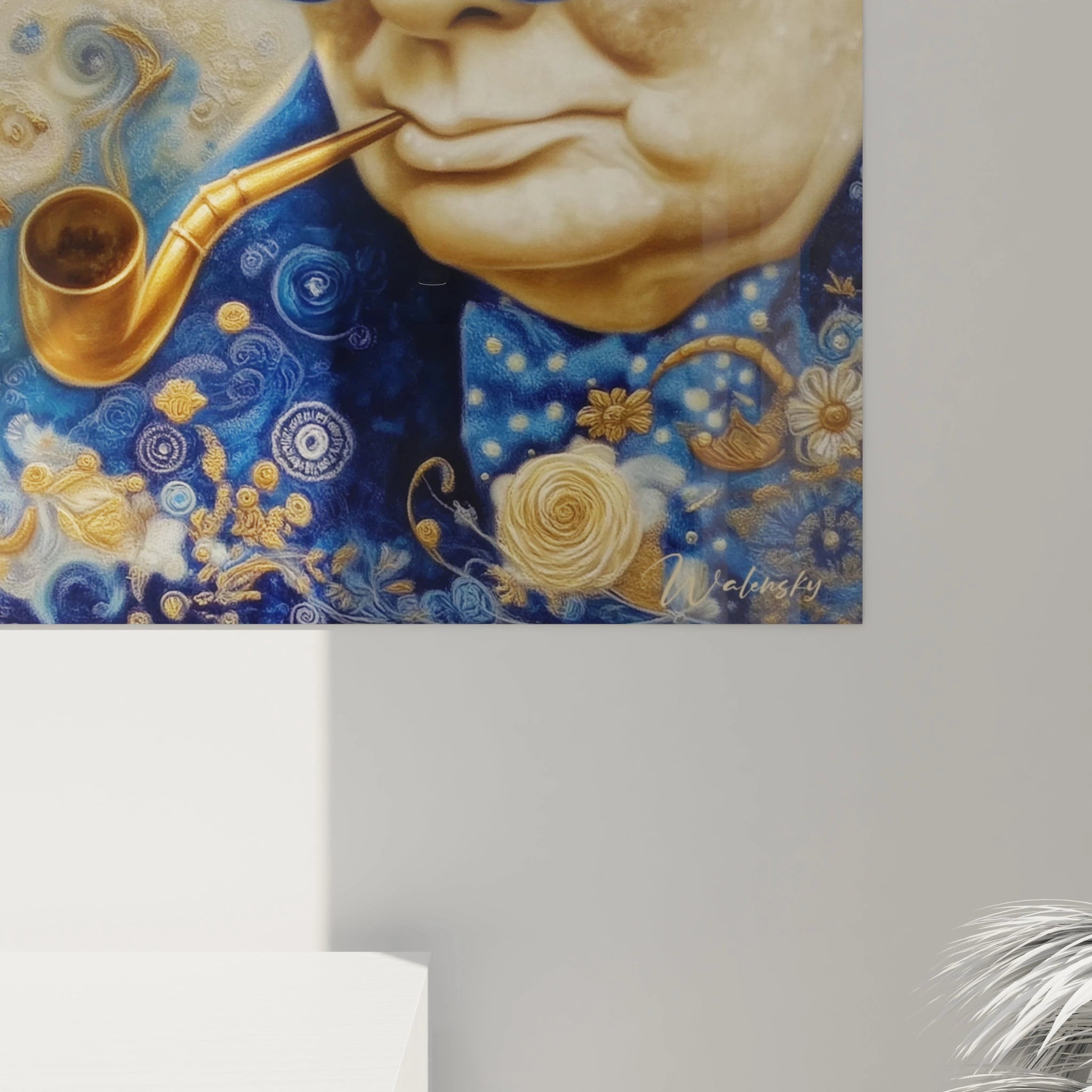 tableau Winston Churchill décoration mural Walensky gros plan peinture de Churchill à la pipe et motifs bleu et or