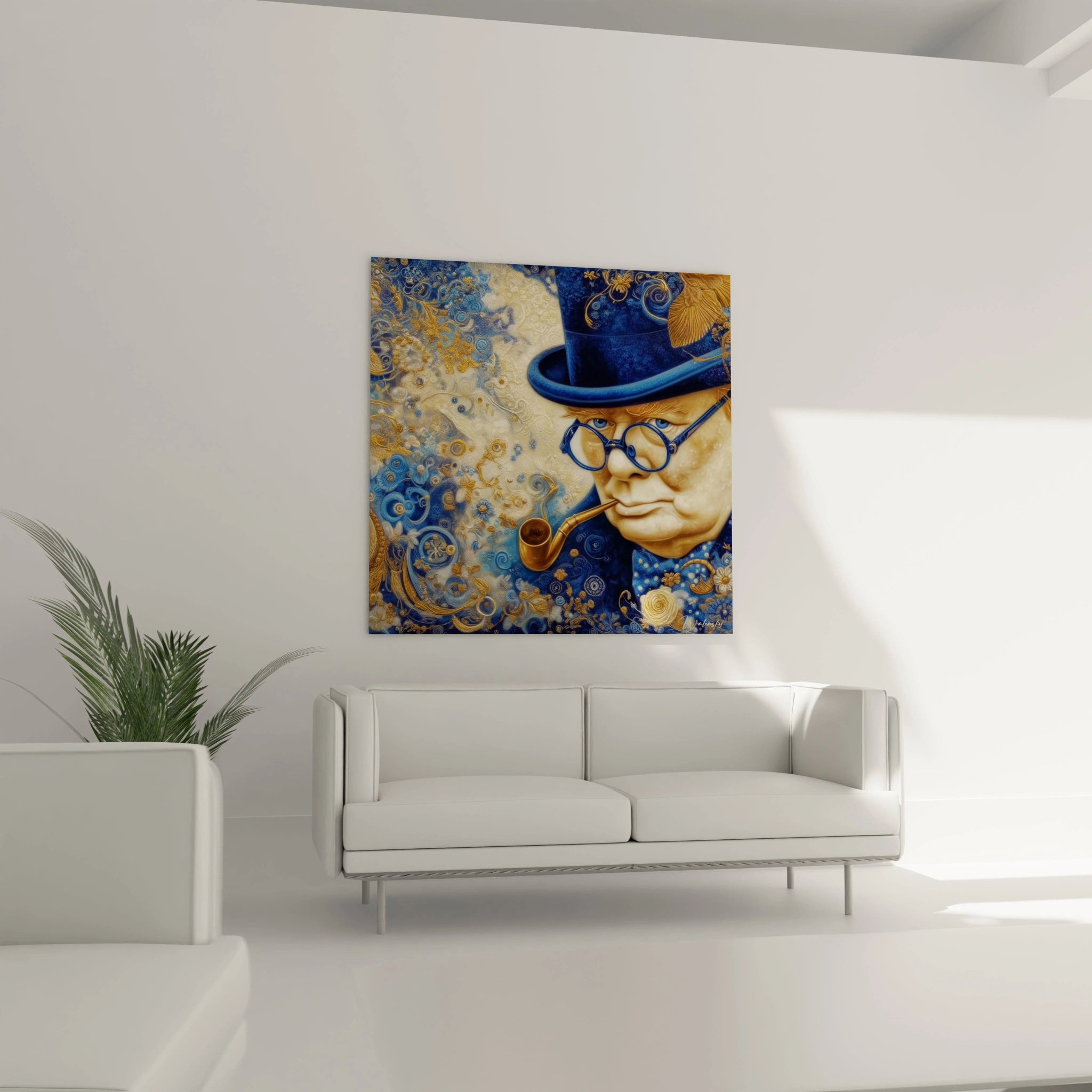 tableau Winston Churchill décoration portrait stylisé bleu et or chapeau pipe lunettes au dessus d un canapé salon blanc