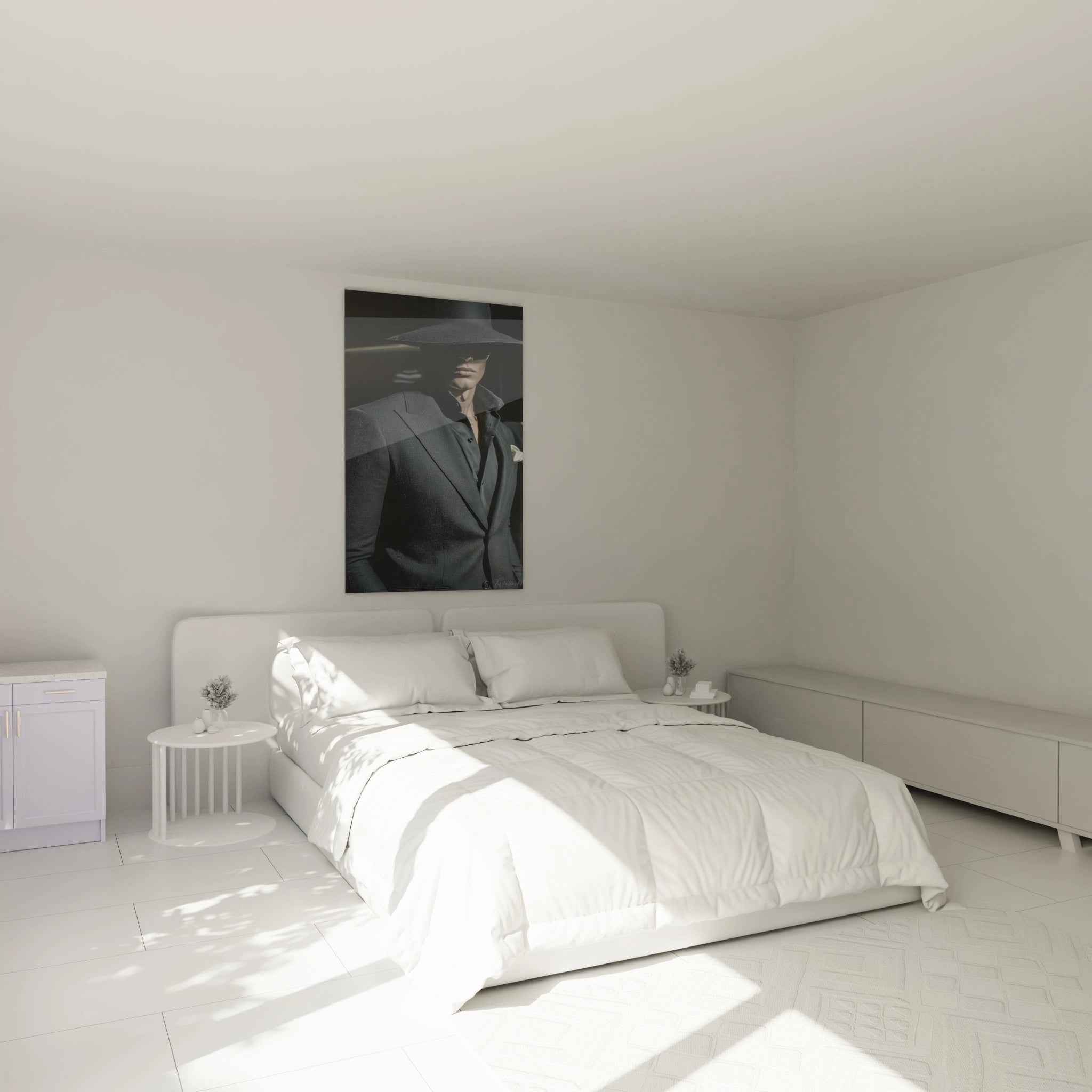 Tableau homme au chapeau sur le mur d'une chambre moderne avec lit lumineux