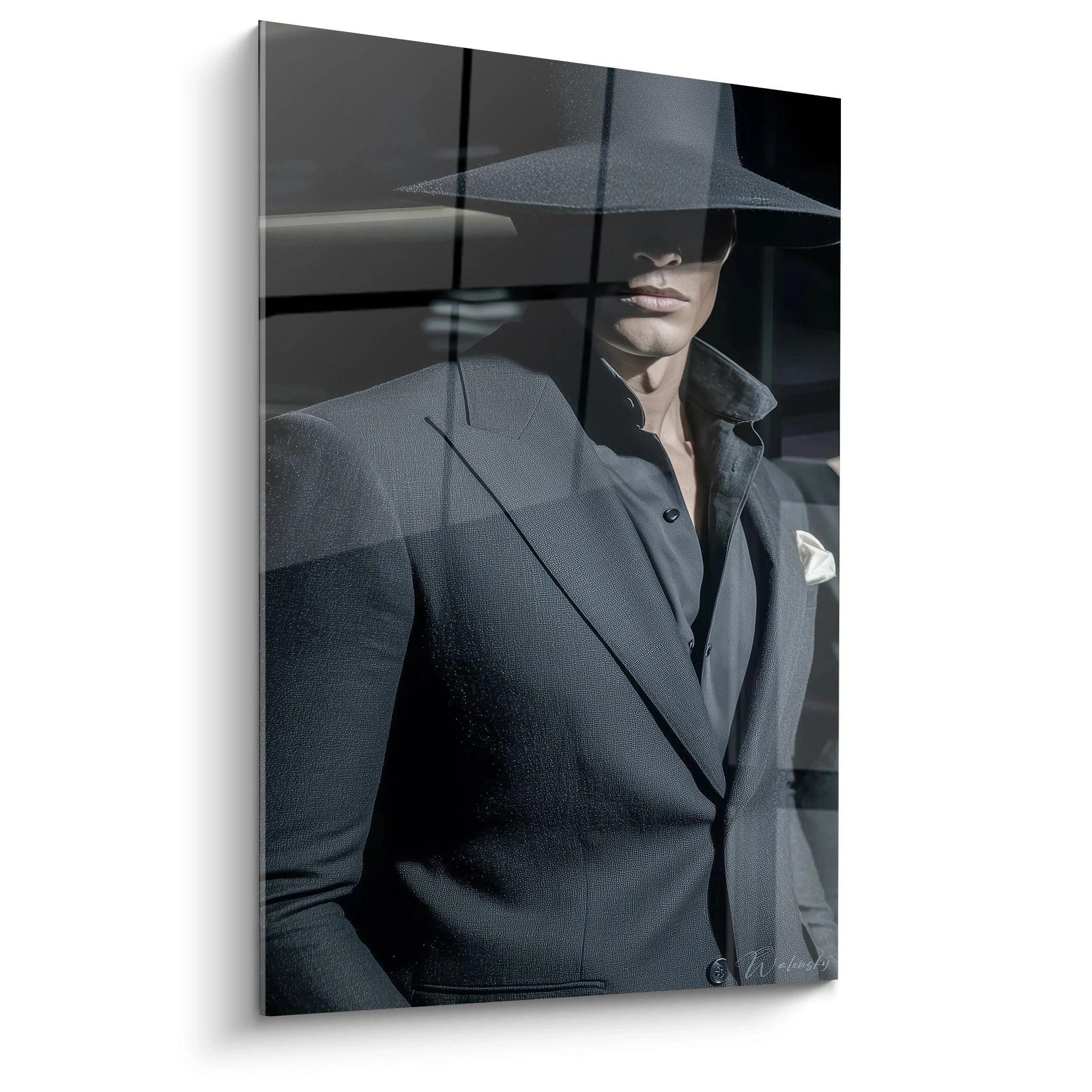 Tableau mural homme au chapeau avec une allure élégante en noir et blanc