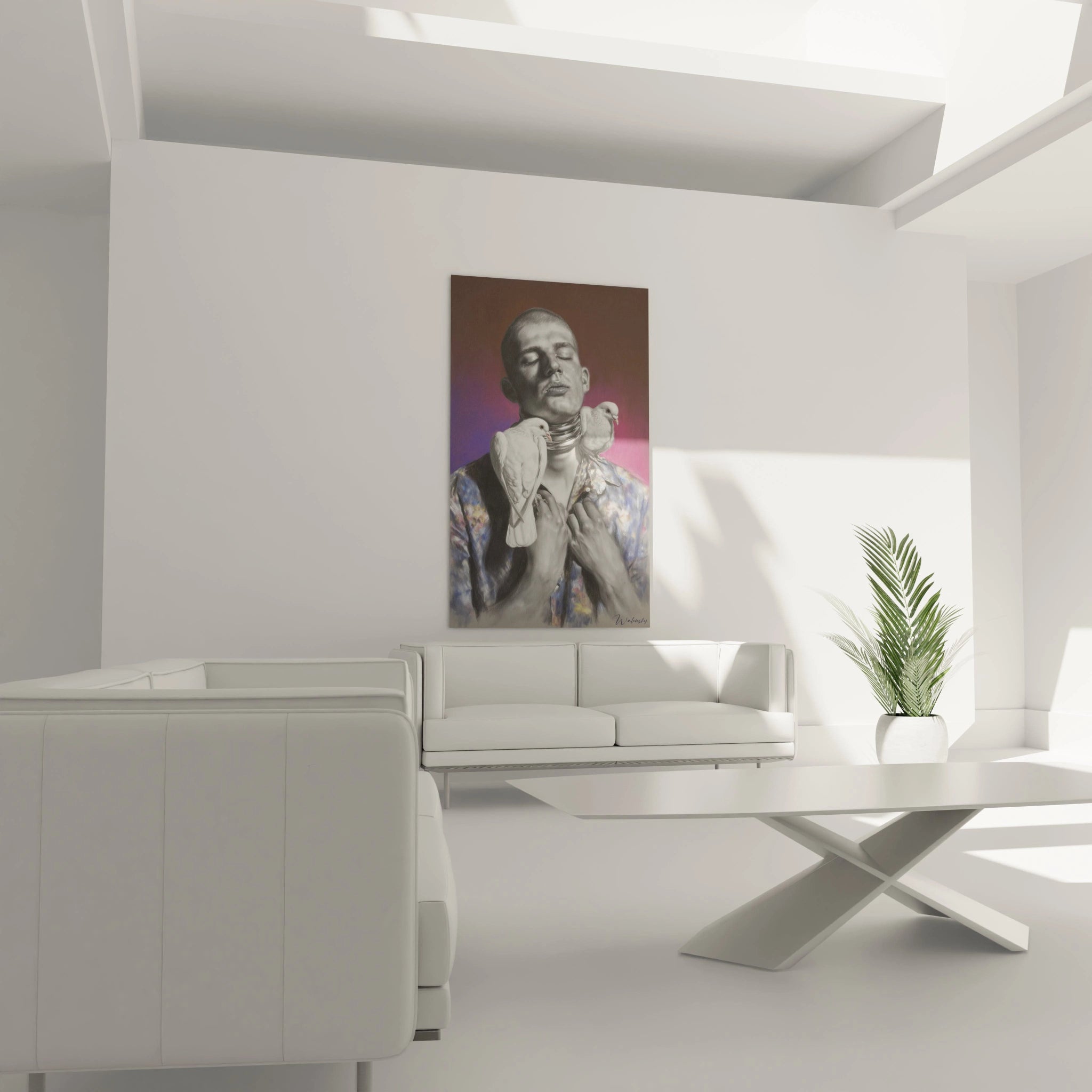 Tableau mural Walensky tableau hyperréaliste homme aux colombes portrait photoréaliste en nuances pastel pour salon contemporain