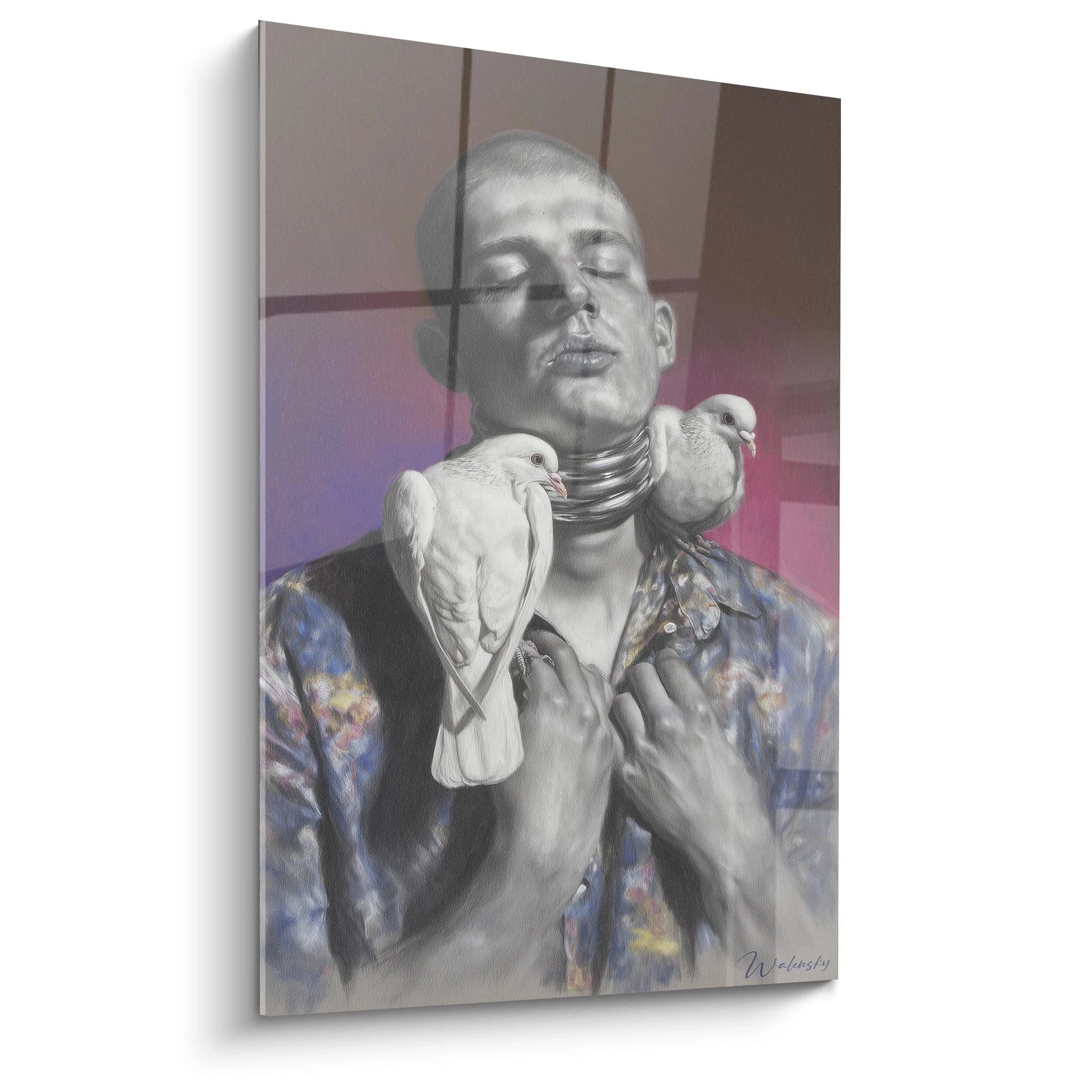 tableau hyperréaliste homme aux colombes Walensky tableau mural portrait d'homme avec deux colombes blanches