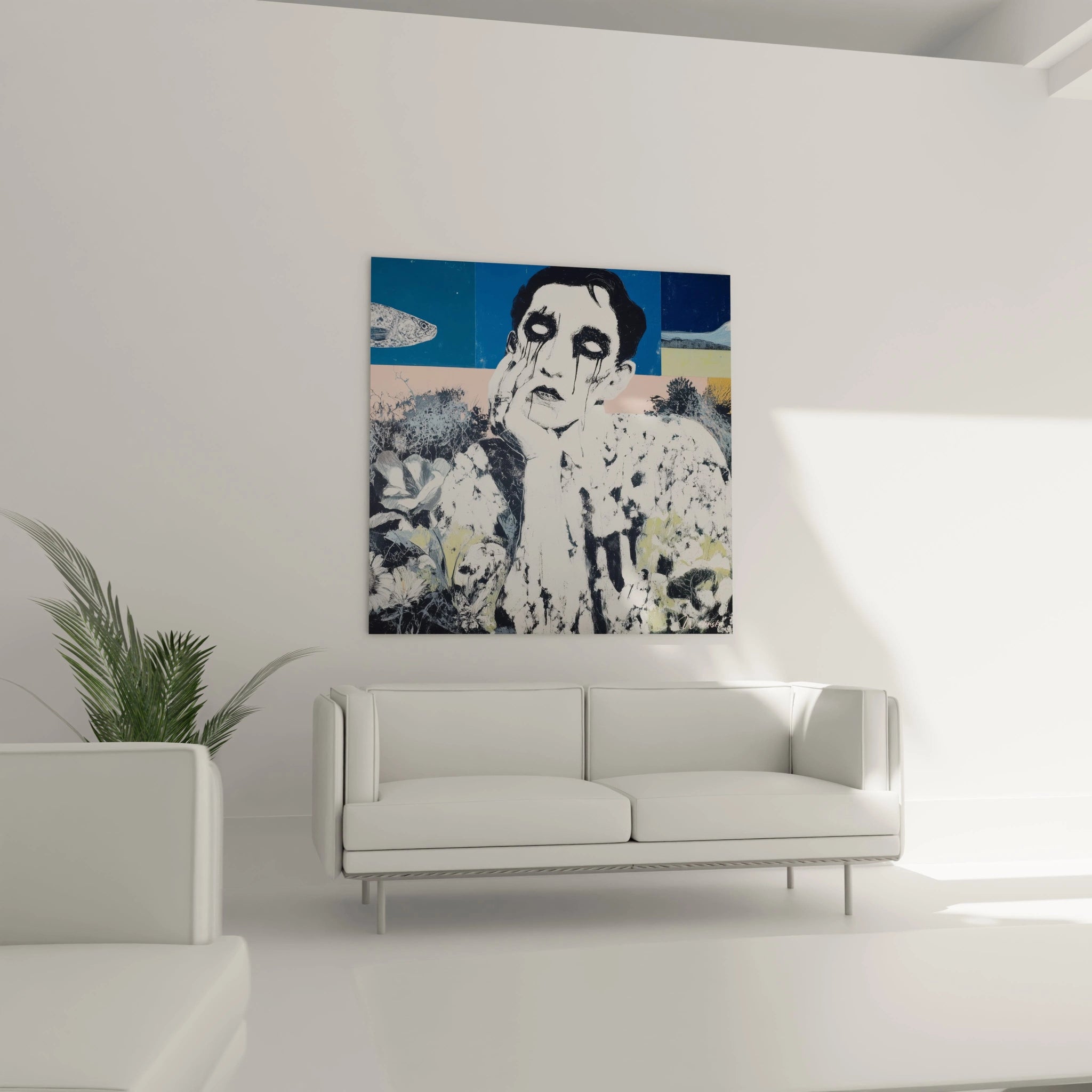 tableau homme aux larmes noires peinture murale Walensky visage stylise en noir et blanc au dessus d un canapé