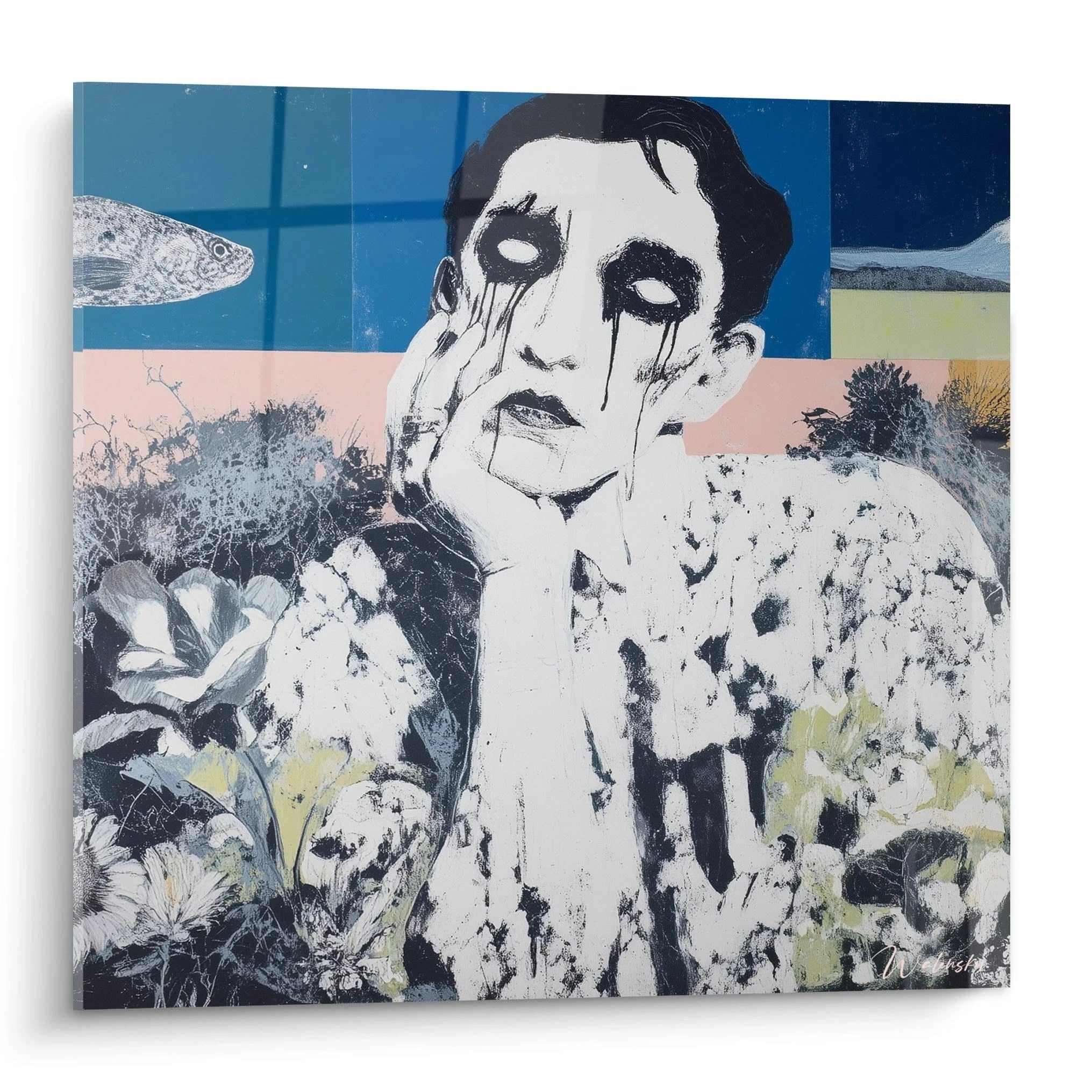 Walensky tableau homme aux larmes noires peinture murale contemporaine visage stylise noir et blanc sur fond floral