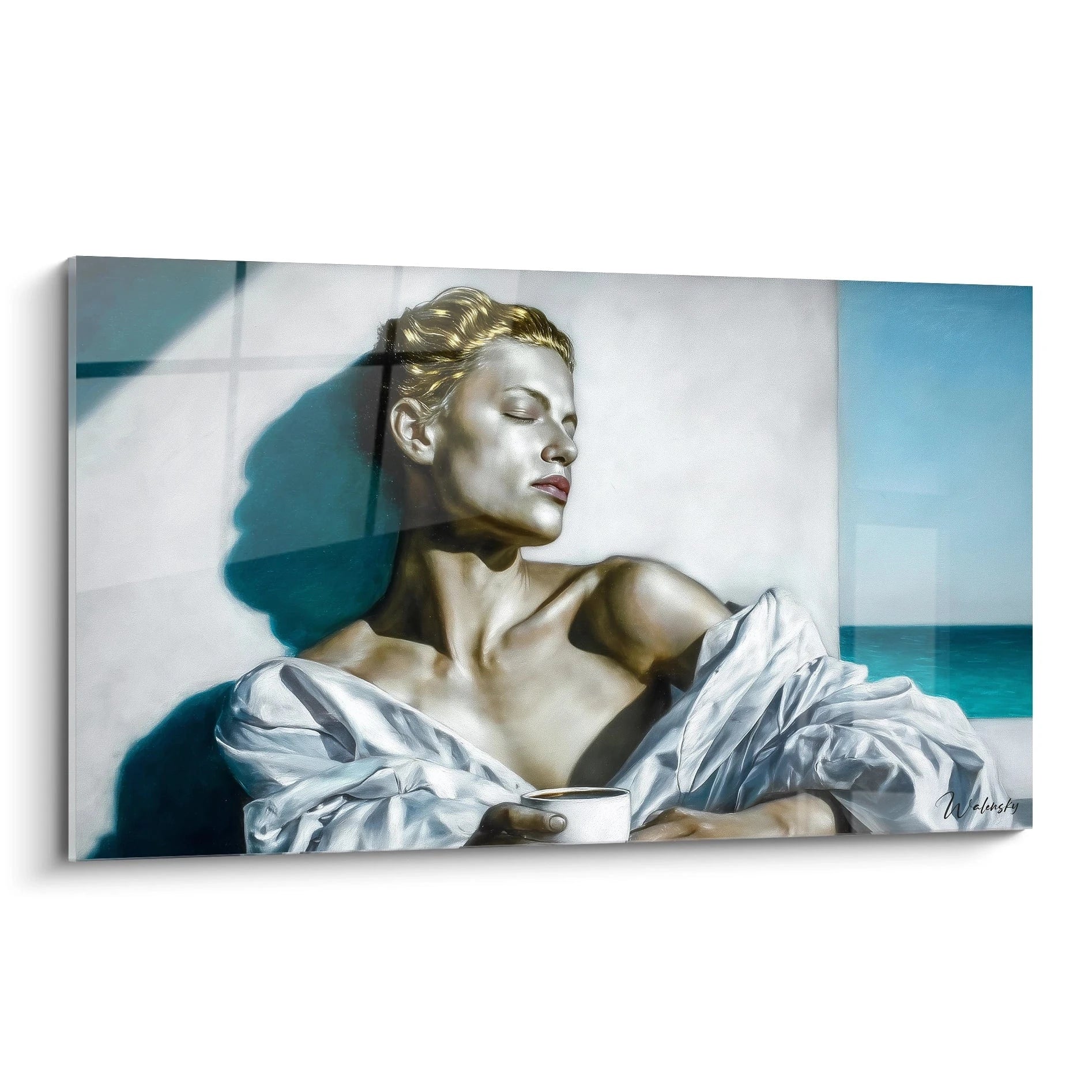 Tableau mural Walensky tableau hyperréaliste homme allongé chemise ouverte tenant une tasse en bord de mer