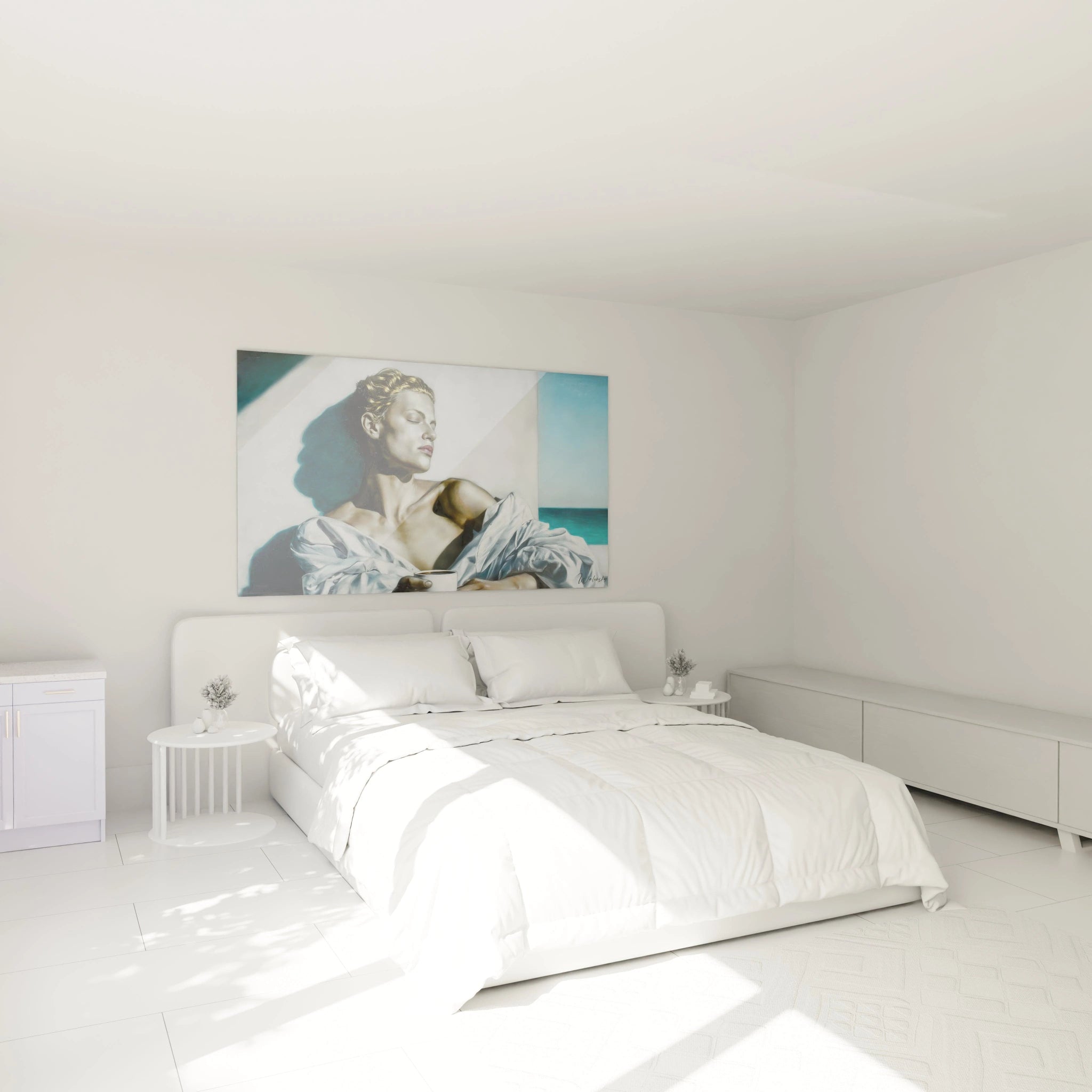 Chambre blanche minimaliste avec tableau mural Walensky intitulé tableau hyperréaliste homme accroché au dessus du lit