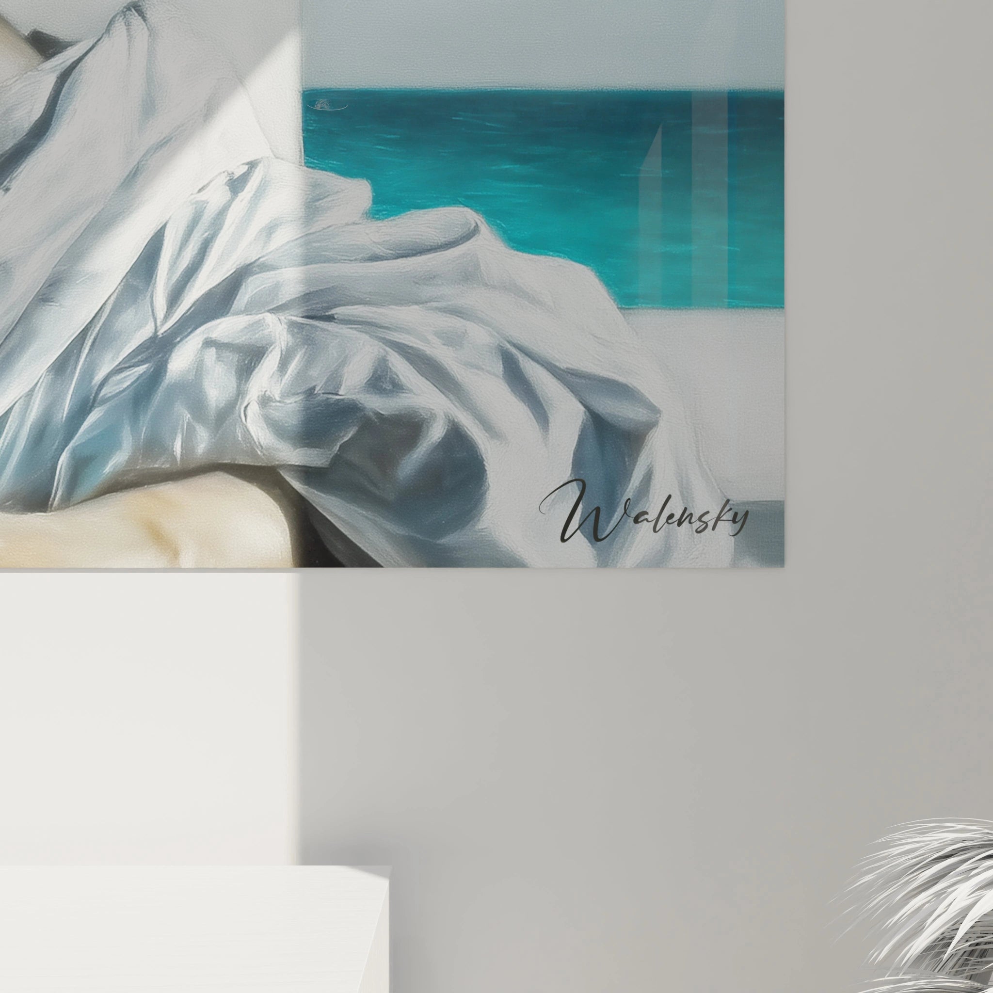 Tableau mural Walensky tableau hyperréaliste homme montrant drap blanc ondé au bord de mer turquoise signé