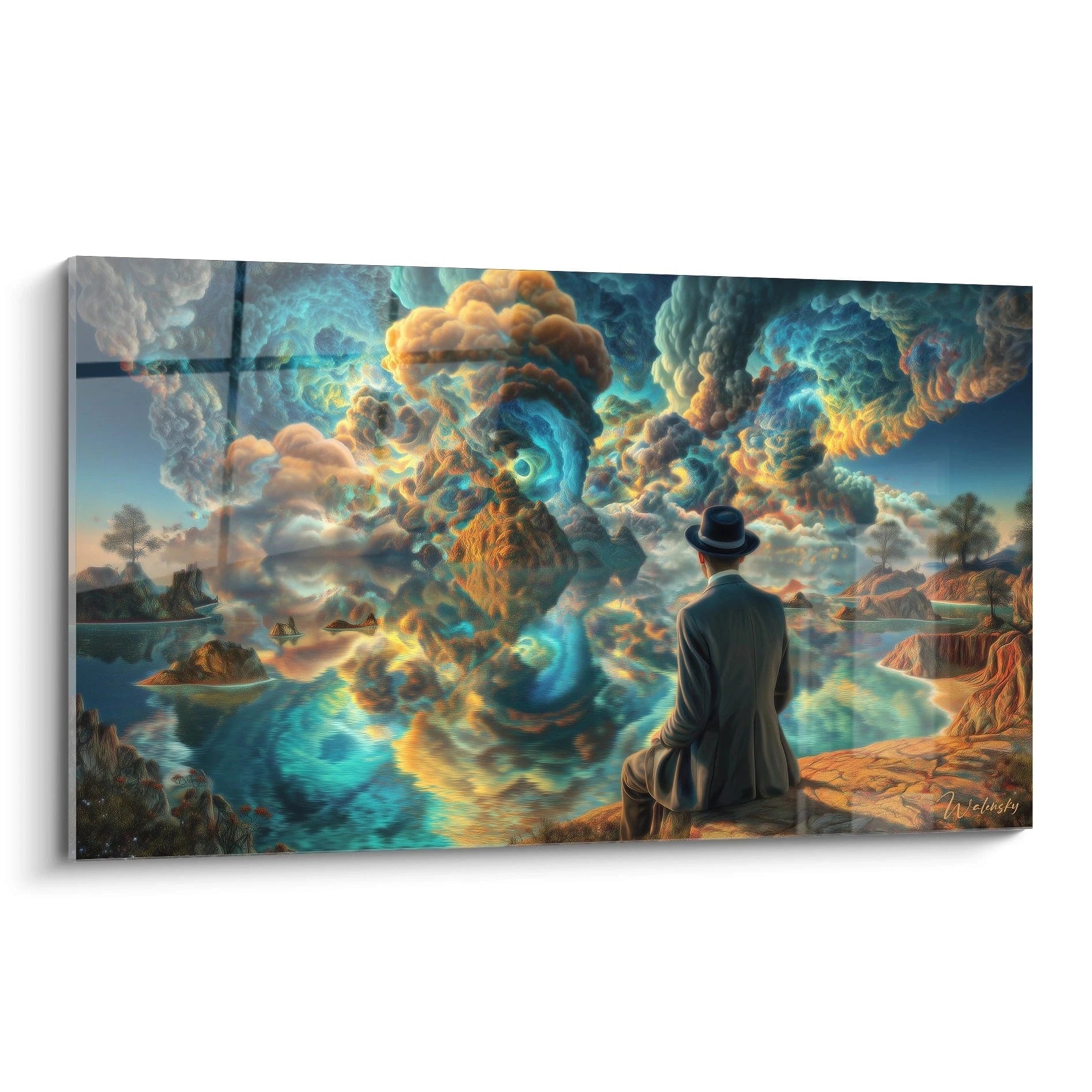 Walensky tableau surréaliste homme chapeau montrant un homme en costume contemplant un paysage onirique coloré