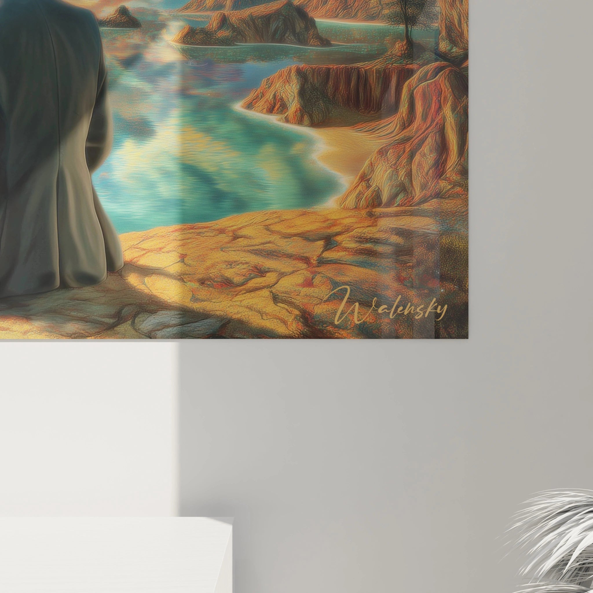 Tableau mural Walensky montrant un tableau surréaliste homme chapeau surplombant un paysage côtier onirique signature visible