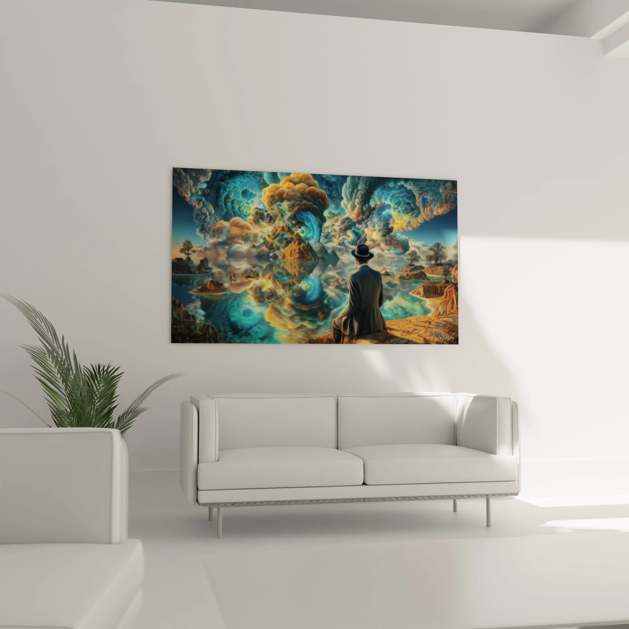 Tableau mural Walensky tableau surréaliste homme chapeau montrant un homme de dos en pardessus assis face à un paysage onirique