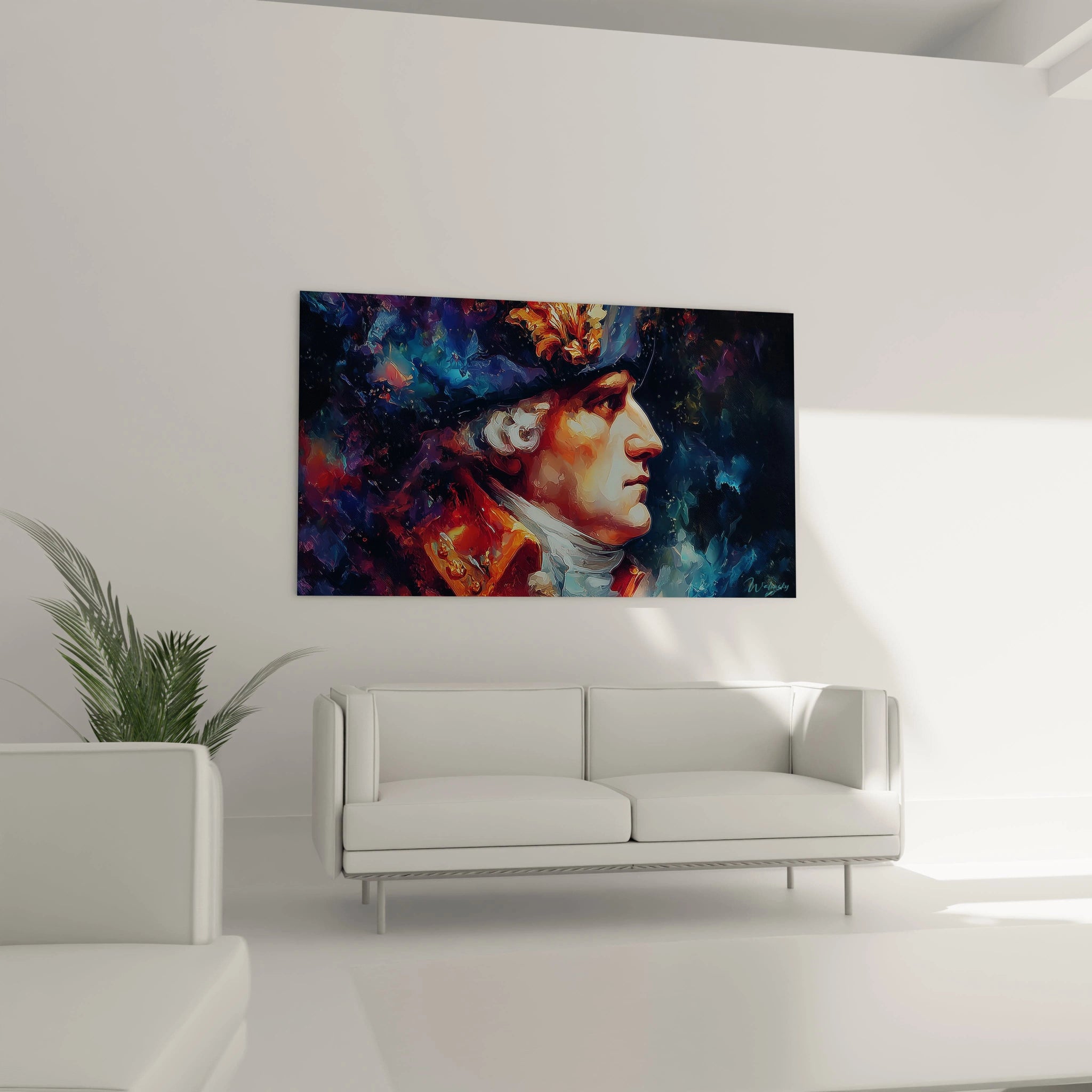 tableau mural homme Louis XVI Walensky peinture portrait colore en gros plan accroche au dessus d un canape moderne