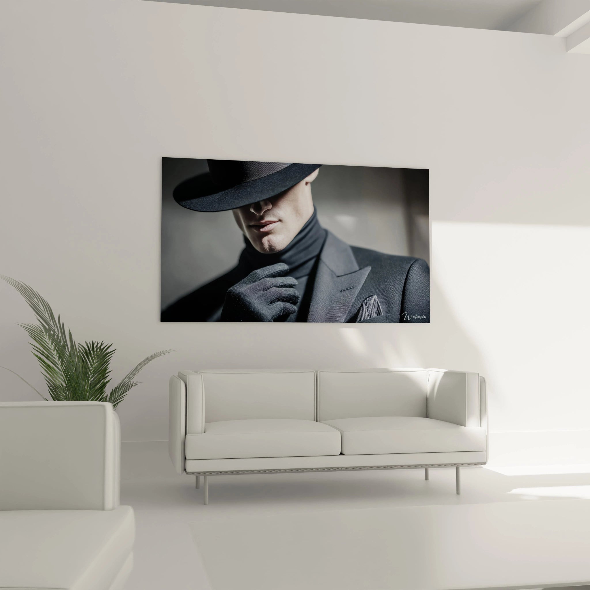 Tableau homme élégant de Walensky représentant un homme en costume avec un chapeau, décor moderne