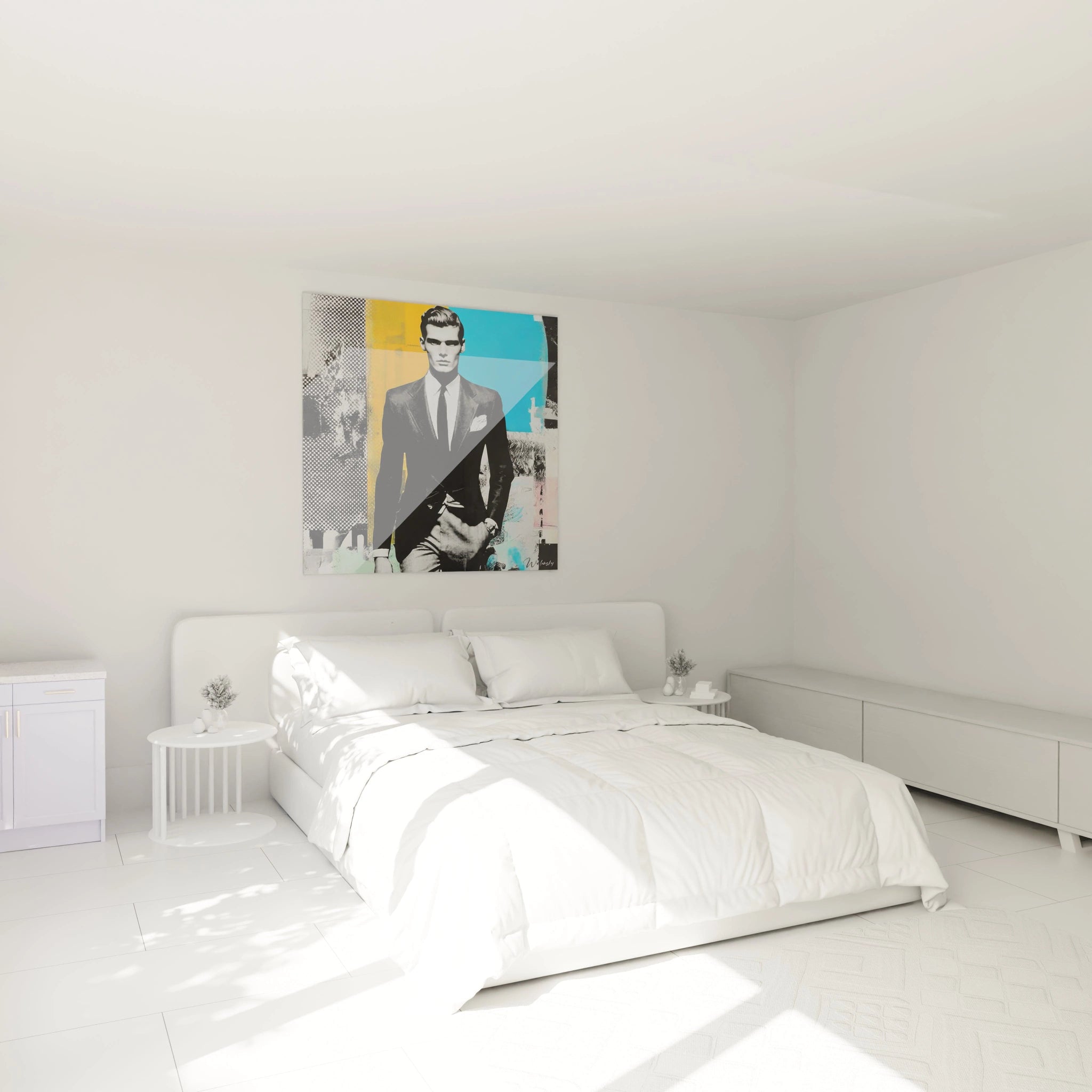Tableau mural homme costume street art dans une chambre moderne avec lit et meubles blancs