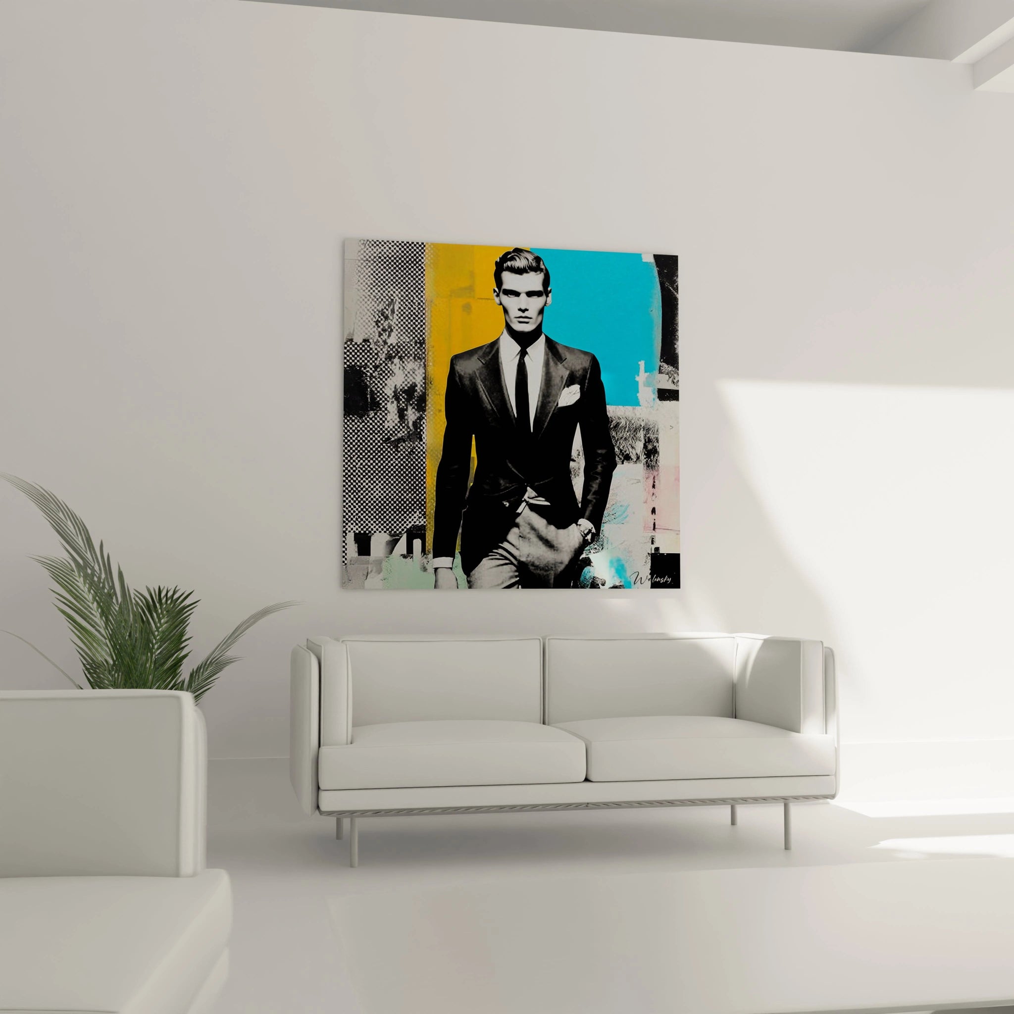 Tableau homme costume street art avec un homme élégant sur fond coloré pour décoration intérieure moderne