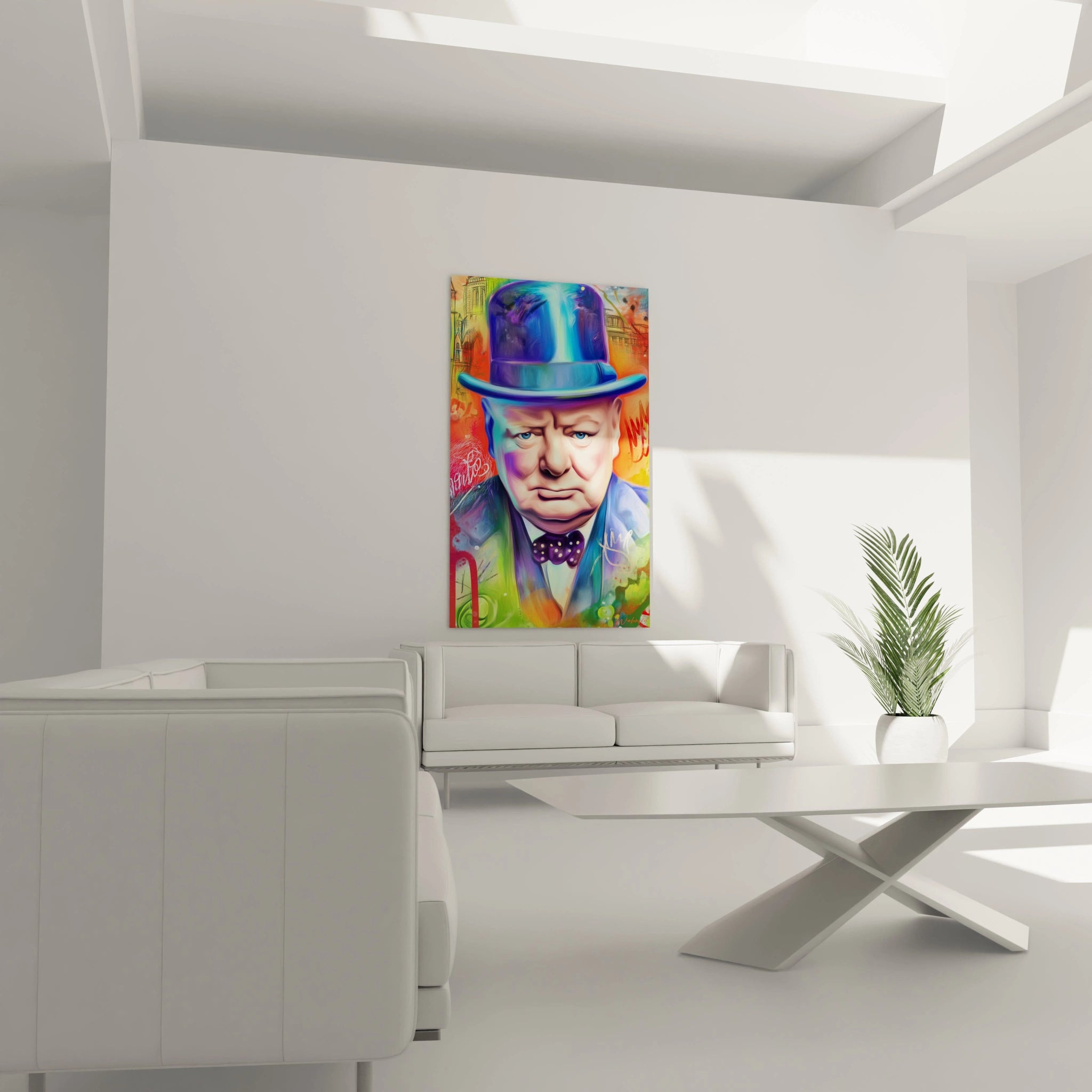 tableau Winston Churchill haut de gamme par Walensky portrait pop art coloré accroché au dessus d un canapé blanc