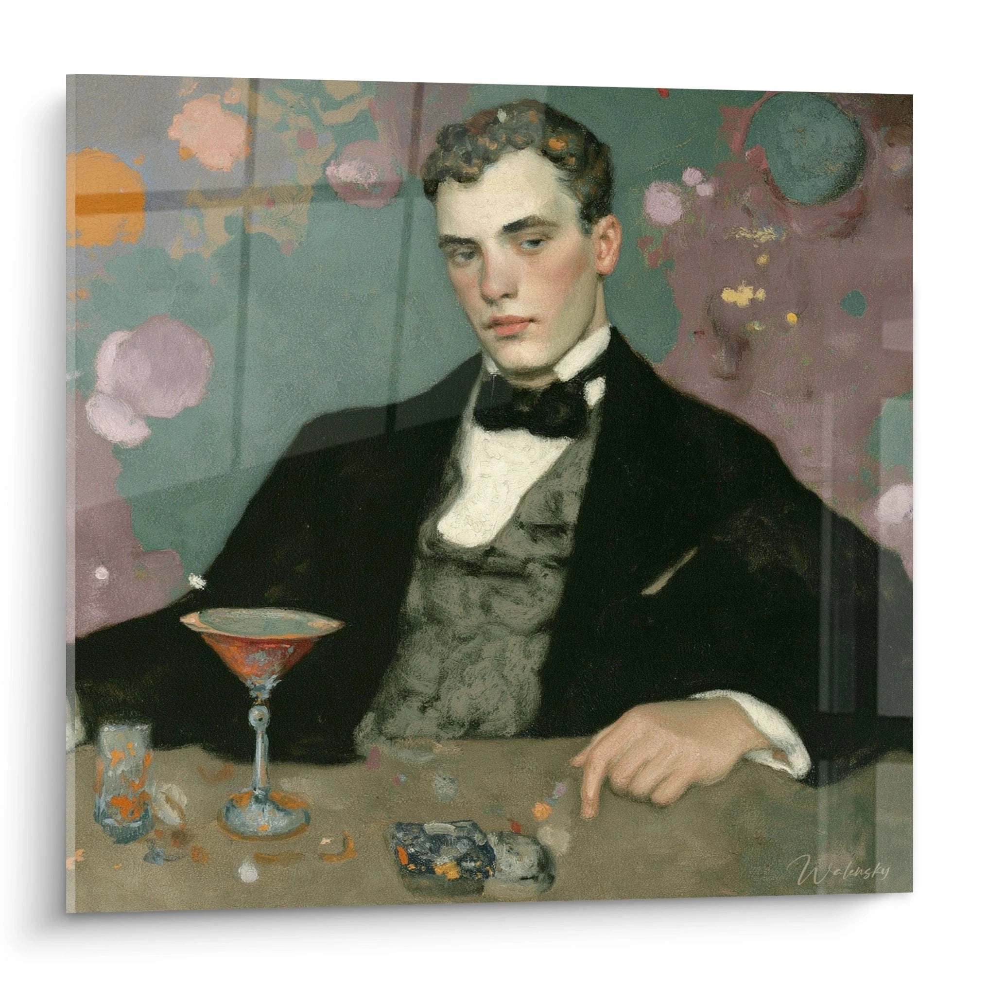 tableau symboliste homme élégant Walensky tableau mural d'un gentleman en costume noir avec verre à cocktail et cendrier