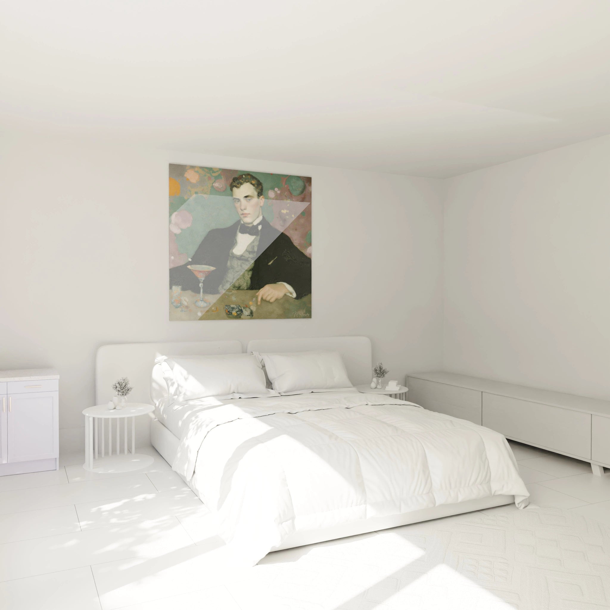 Tableau mural Walensky tableau symboliste homme élégant accroché au dessus d un lit blanc minimaliste