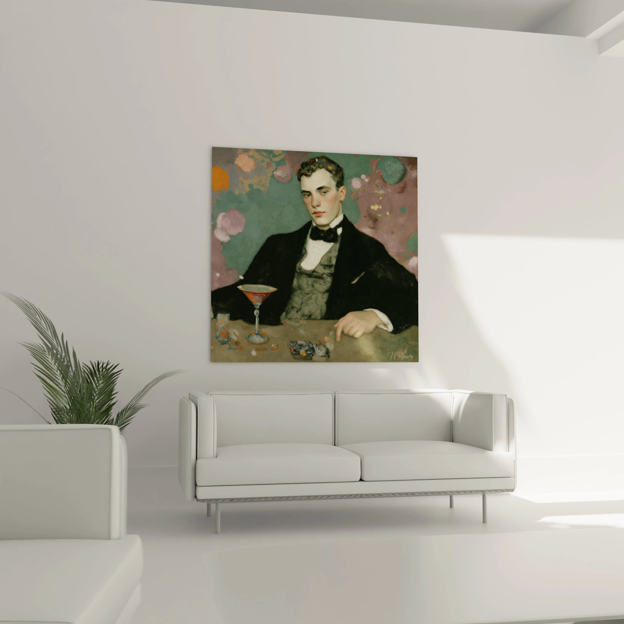 Walensky tableau mural tableau symboliste homme élégant portrait homme en costume assis a table avec verre a cocktail