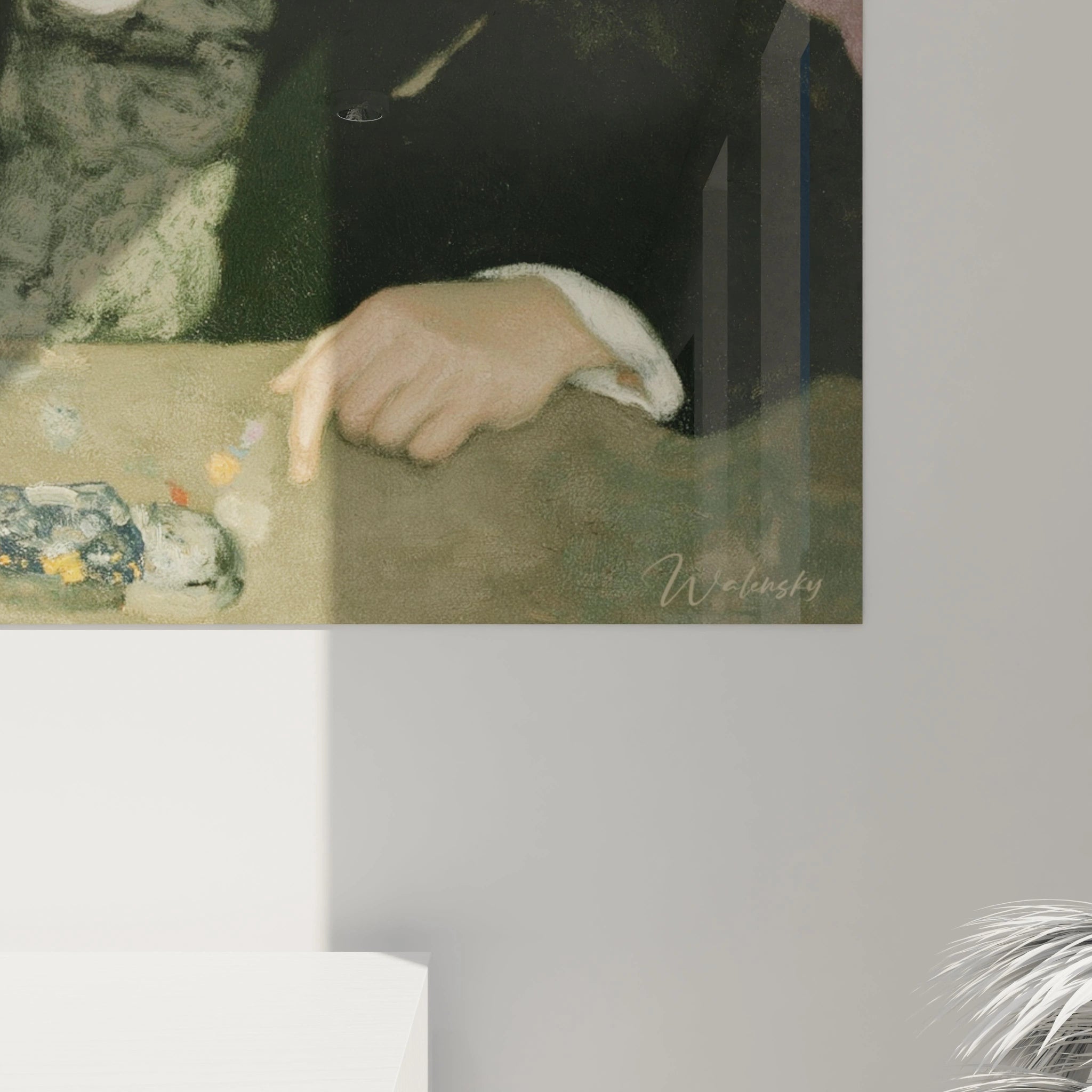 tableau symboliste homme élégant Walensky montrant une main pointant sur une table décor mural art minimal