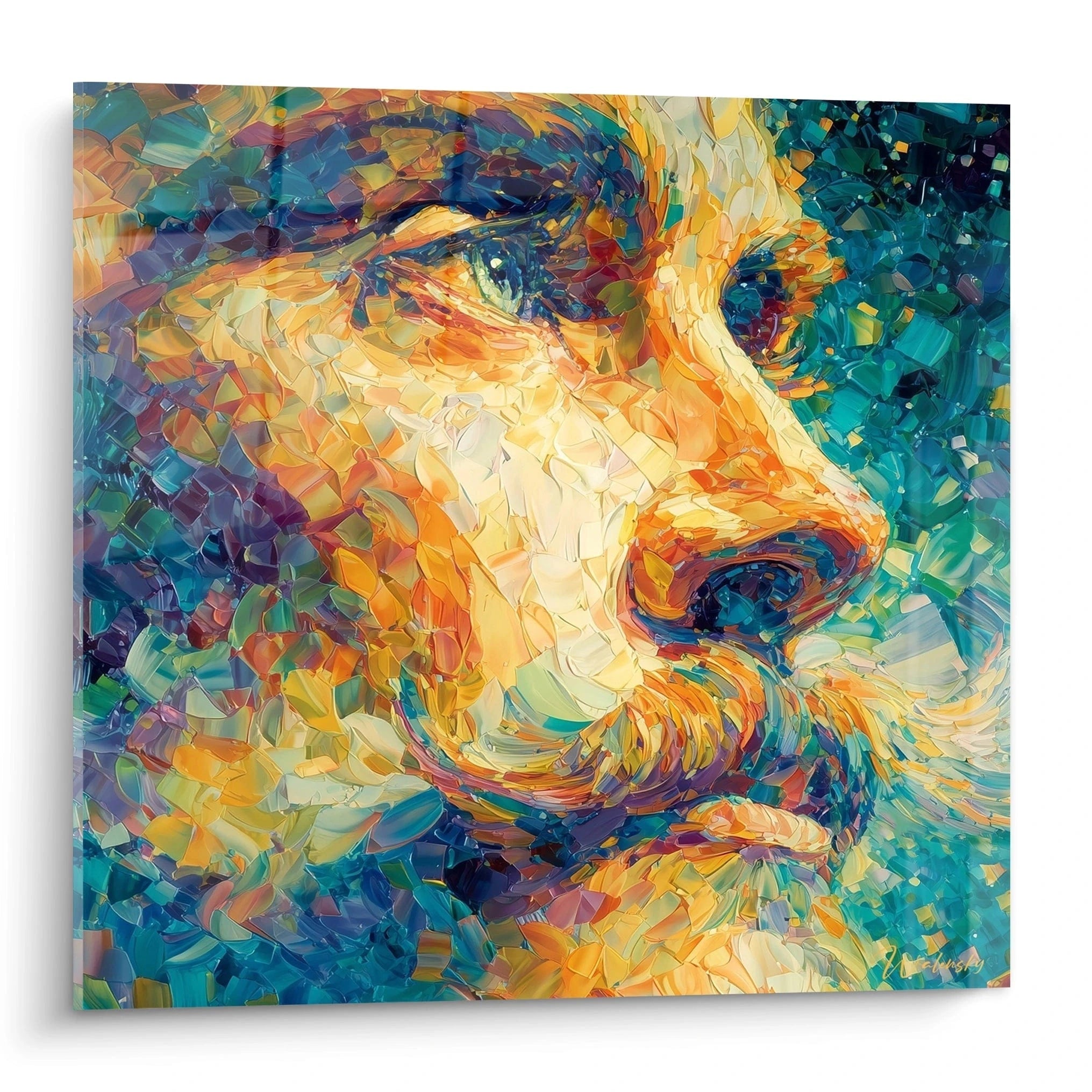 tableau homme pointillisme Walensky portrait coloré de profil avec barbe et coups de pinceau texturés