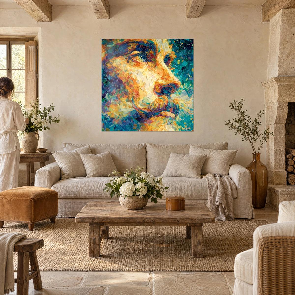 Cuadro retrato de hombre de perfil, toques naranjas y turquesas, mirada oscura, sobre un sofá en un salón luminoso