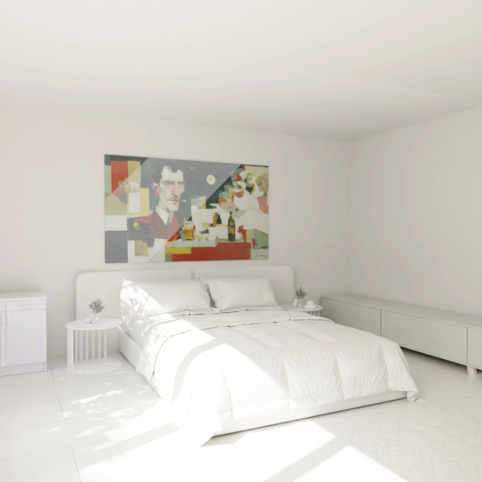 Tableau mural Walensky dans une chambre minimaliste grand tableau homme fumeur cubiste au dessus du lit