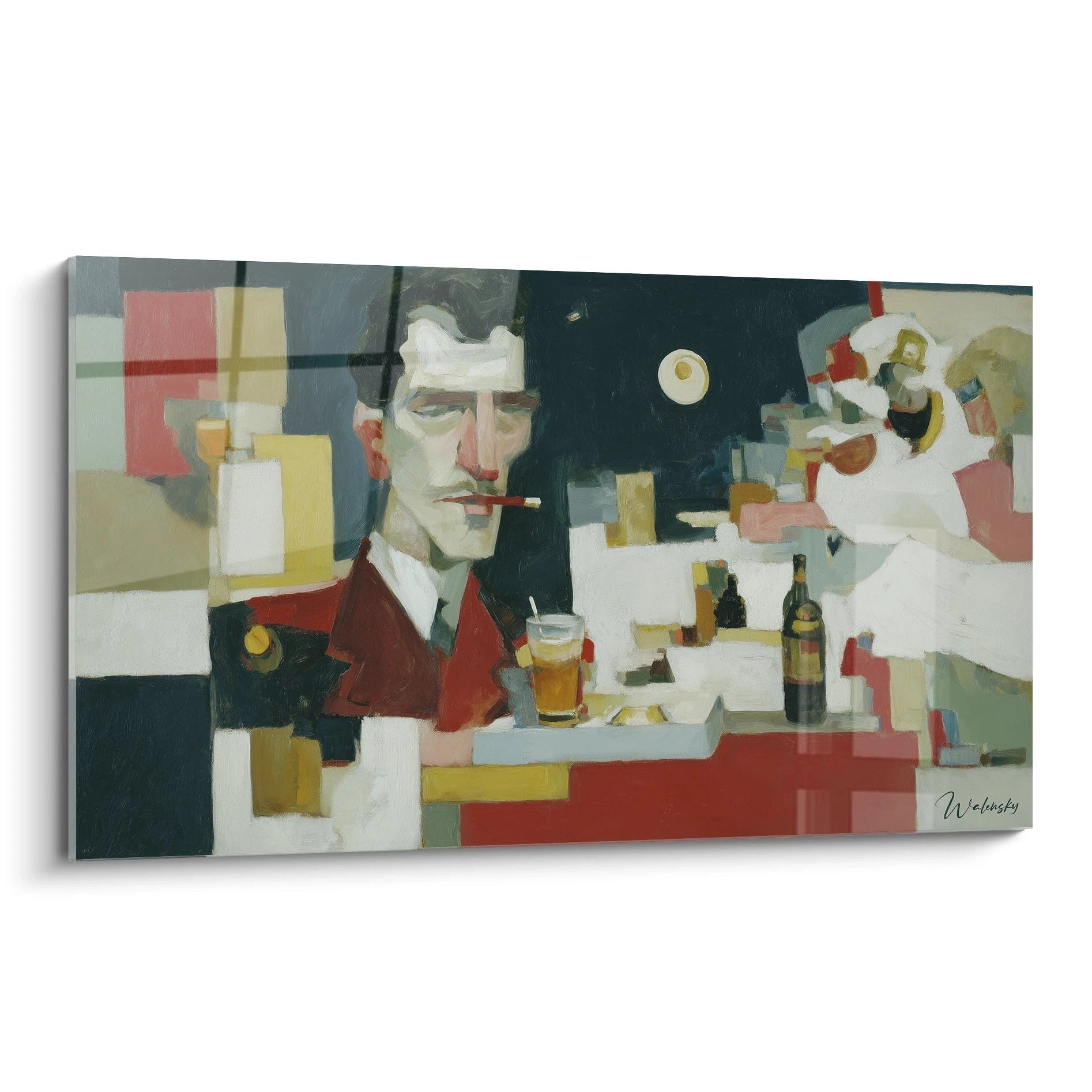 Tableau mural Walensky tableau homme fumeur cubiste peinture stylisee d'un homme au bar avec cigarette verre et bouteille