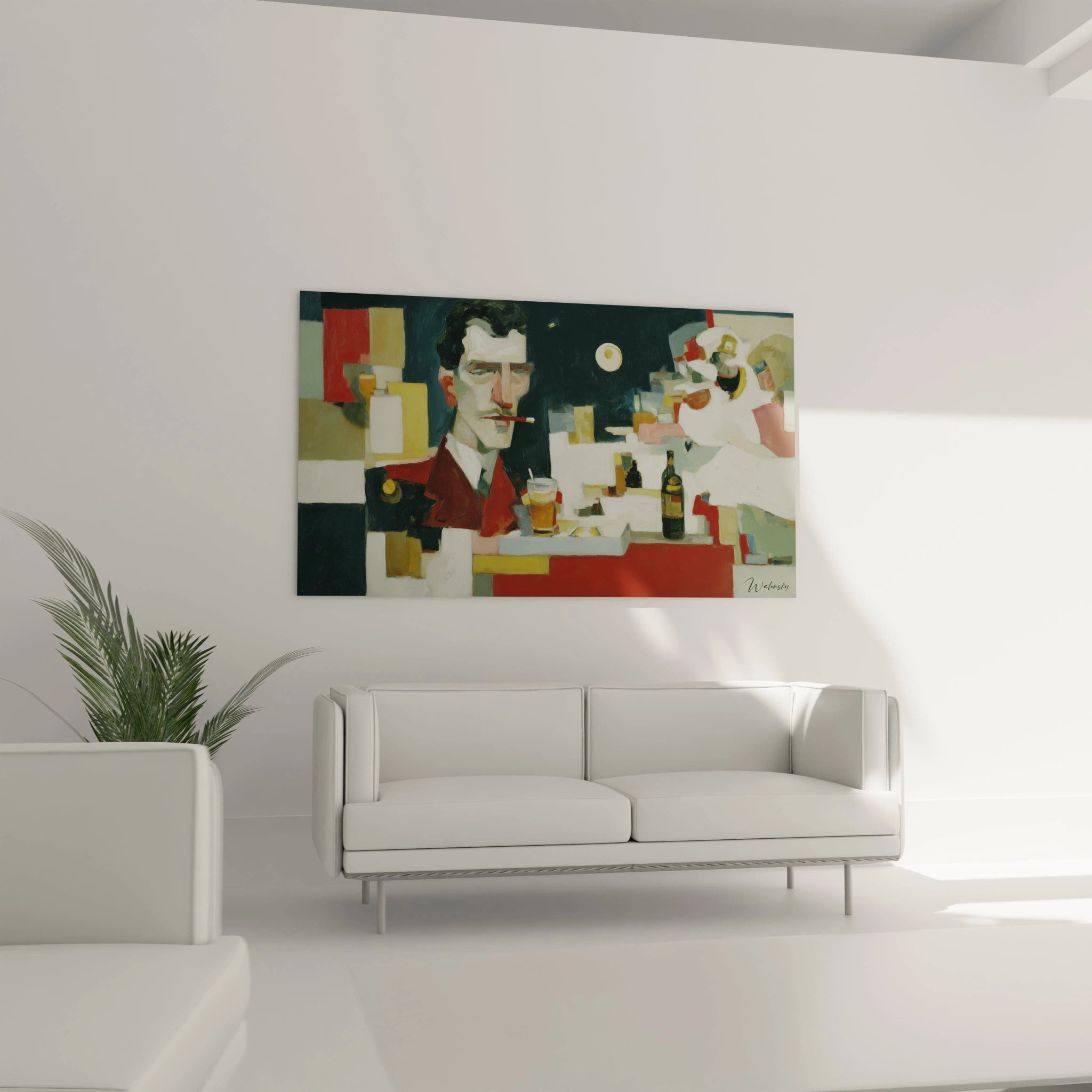 Walensky tableau homme fumeur cubiste peinture murale moderne montrant un homme fumant au bar