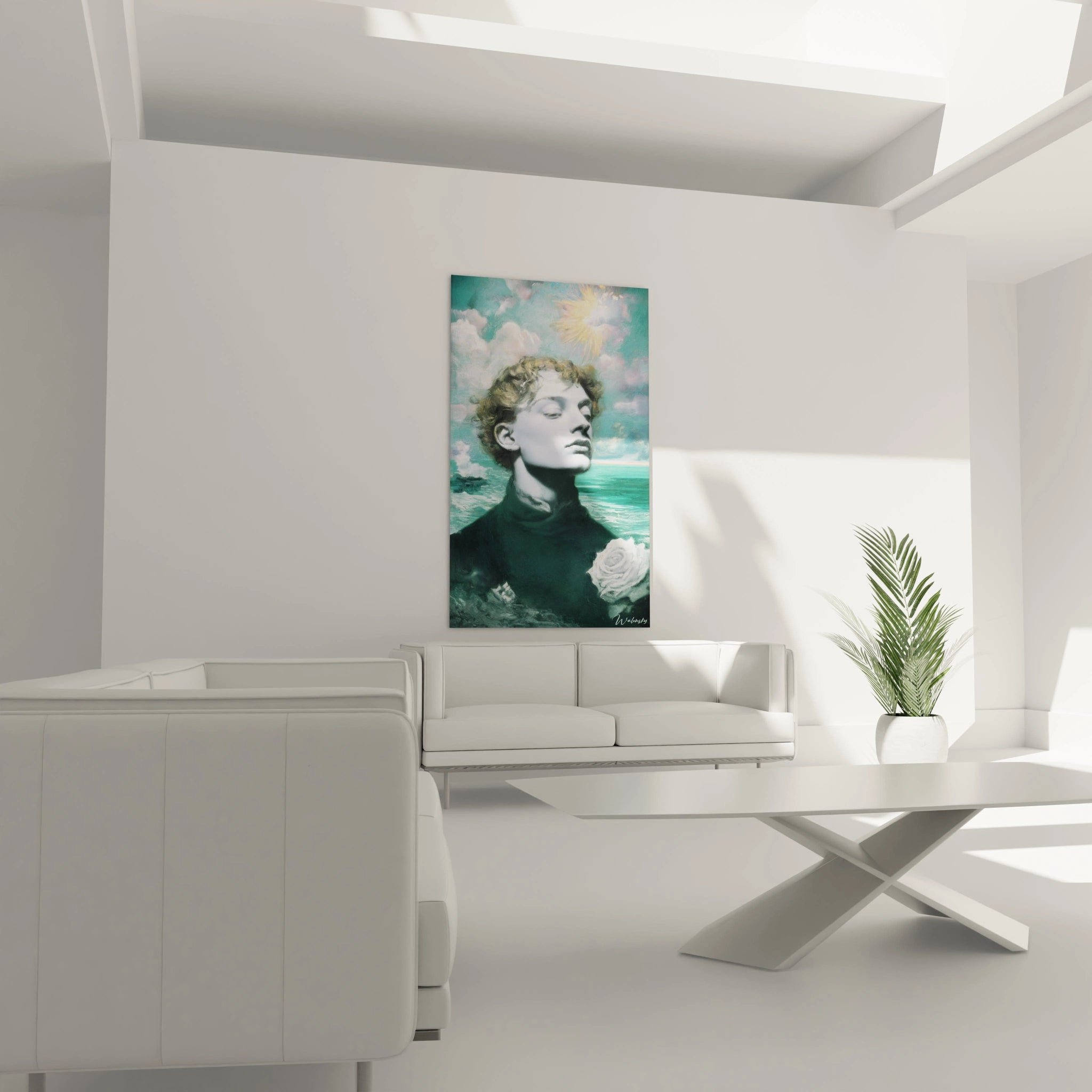 Tableau Walensky tableau préraphaélite homme portrait masculin devant mer et nuages accroché au dessus d un canapé blanc