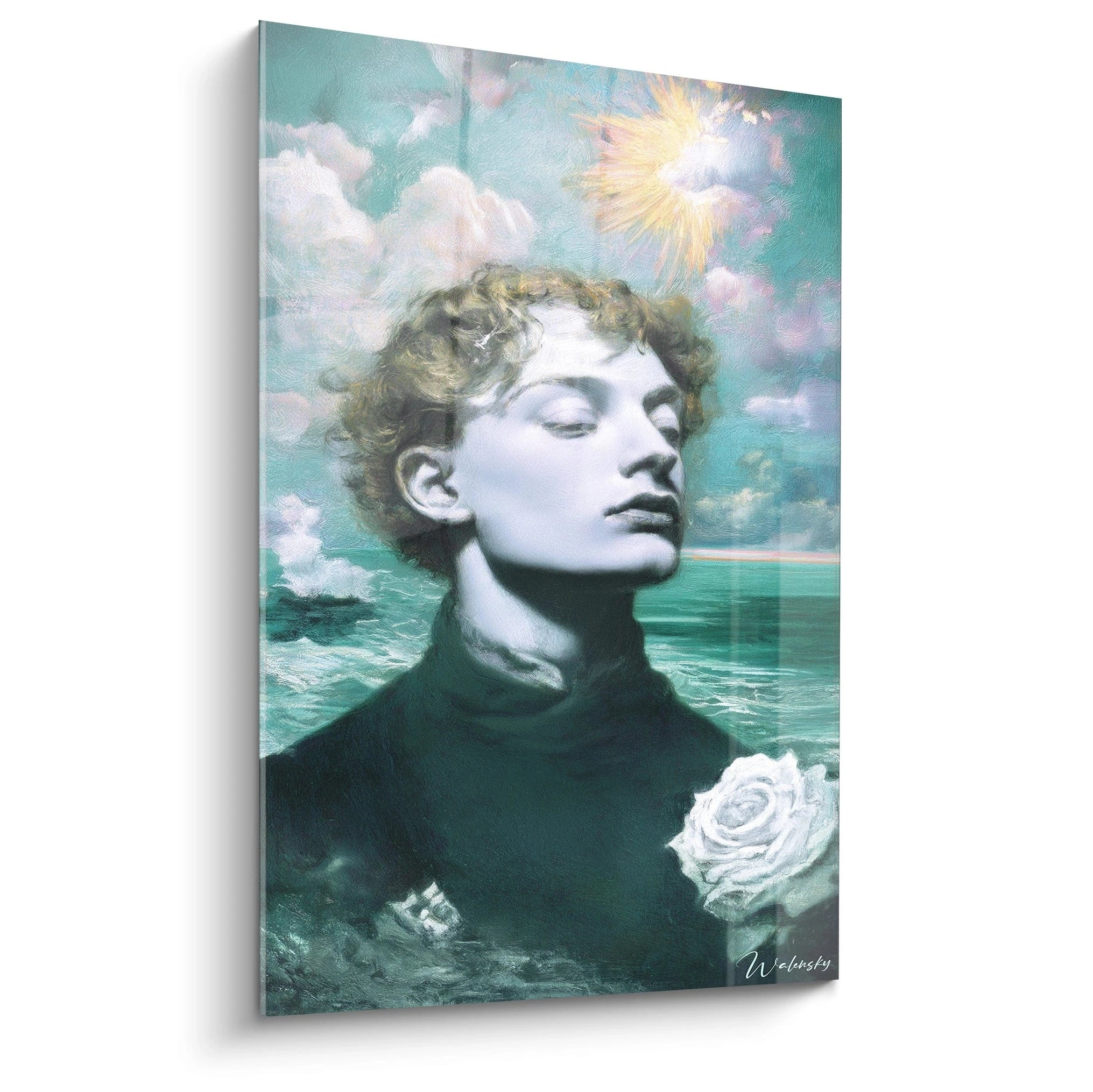 Tableau mural Walensky représentant un tableau préraphaélite homme au visage levé, rose blanche, mer et ciel lumineux