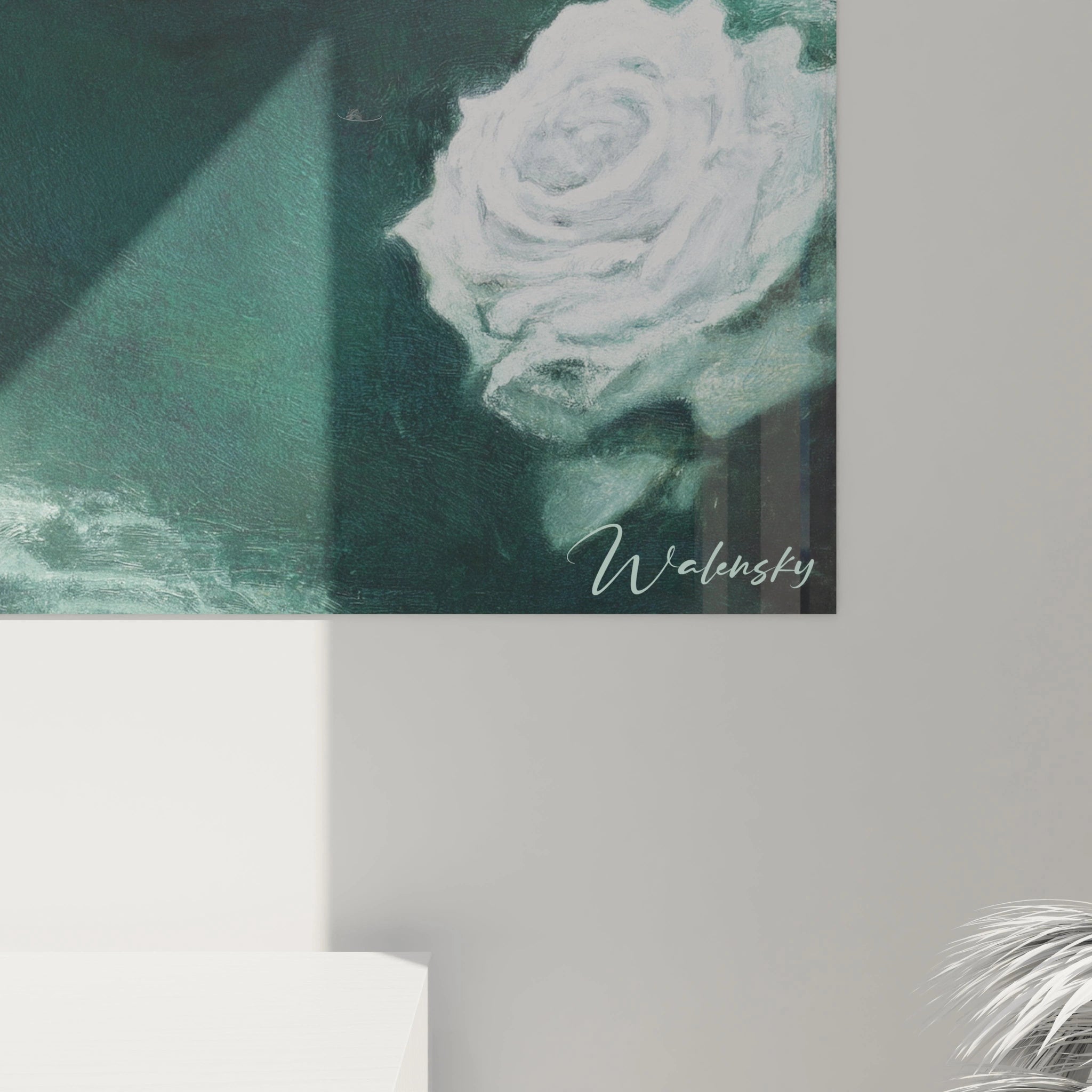 Walensky tableau mural vert avec grande rose blanche et signature tableau préraphaélite homme décor intérieur