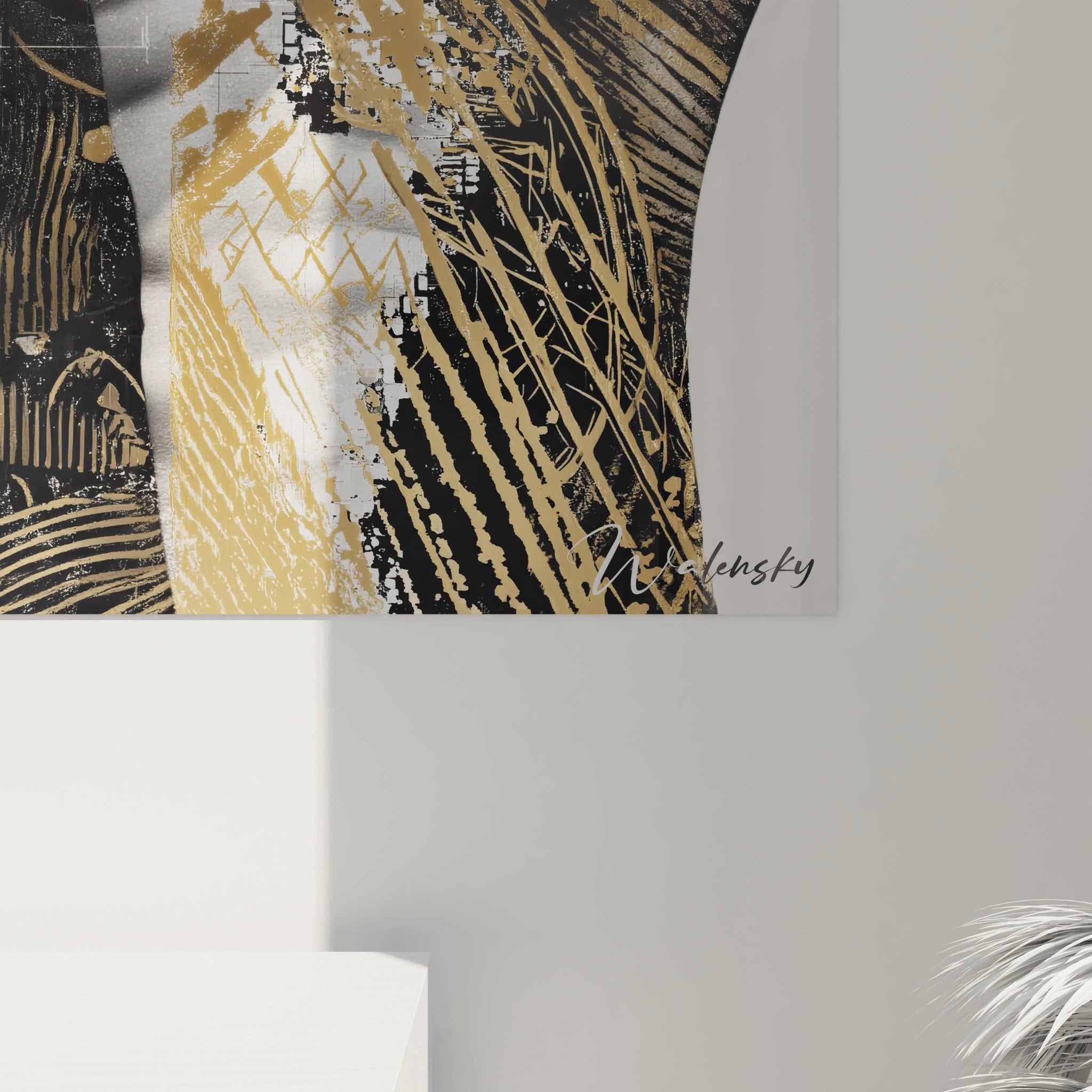 Tableau homme moderne de Walensky avec des motifs artistiques en noir et or pour la décoration intérieure.