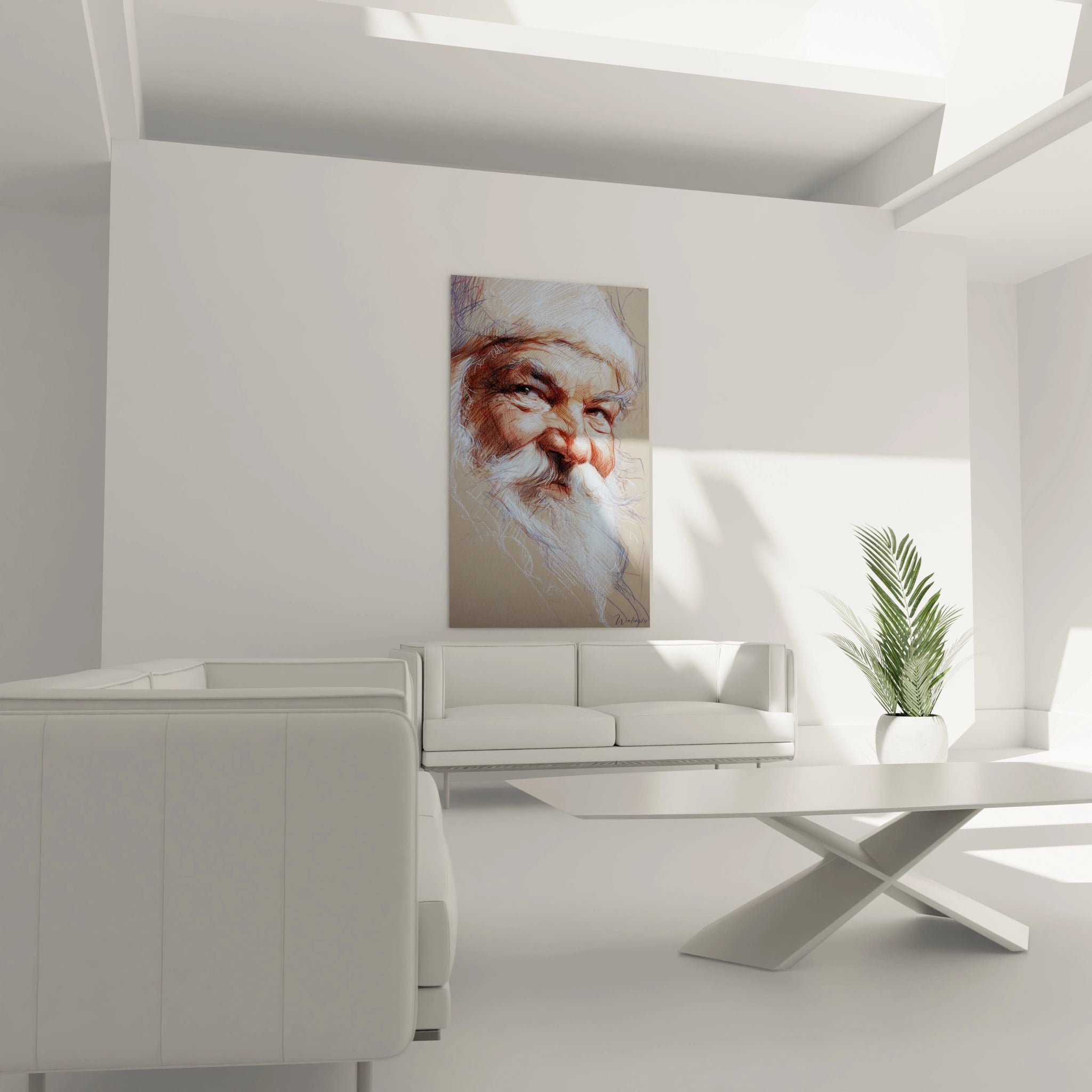 Tableau père Noël bienveillant sur un mur blanc dans un salon moderne avec un mobilier élégant