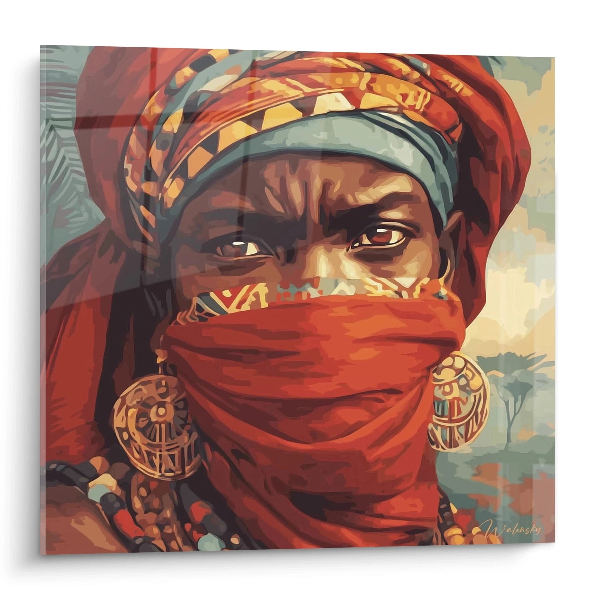 Tableau mural visage africain avec femme portant un foulard et bijoux colorés