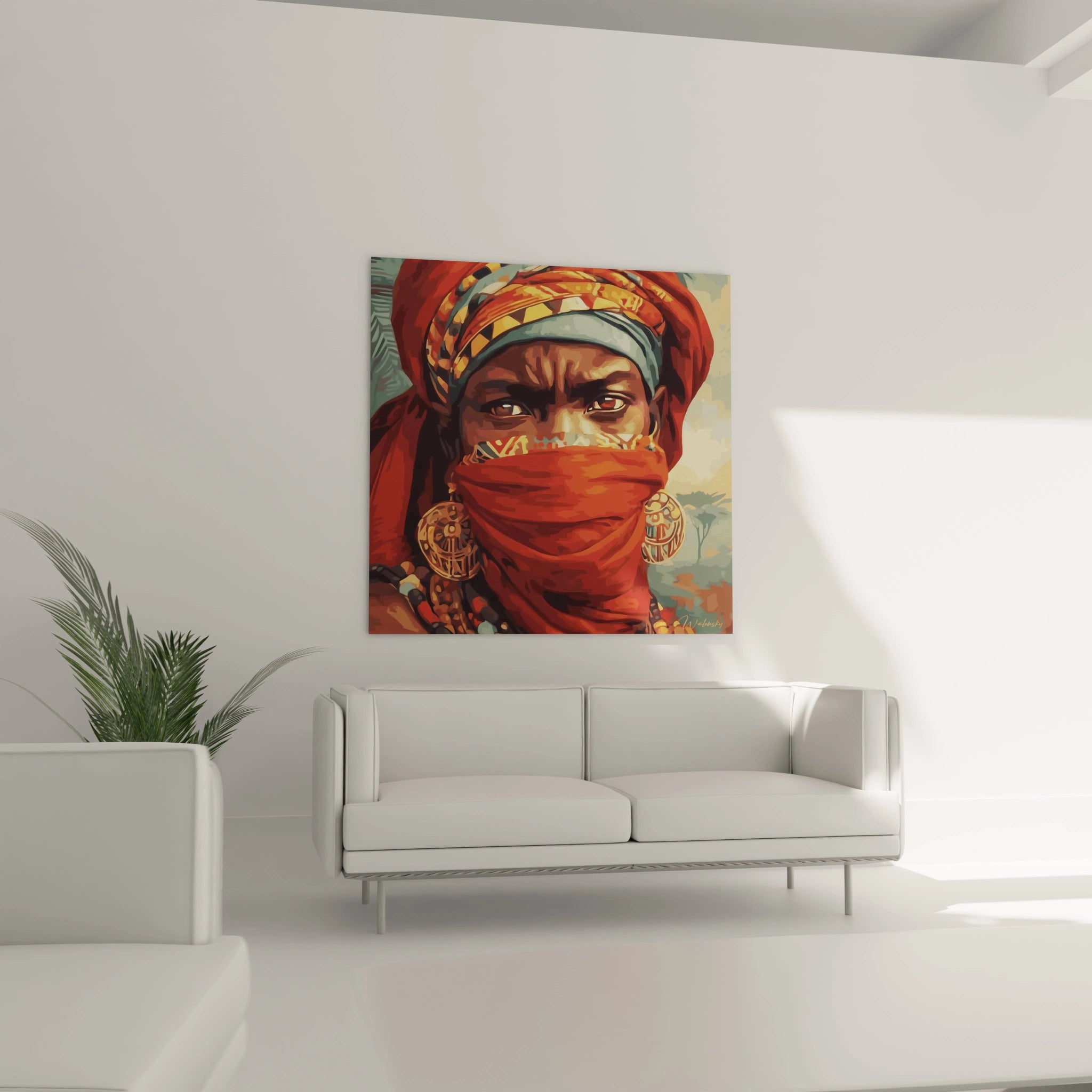 Tableau mural visage africain coloré avec un personnage en vêtements traditionnels et accessoires élégants