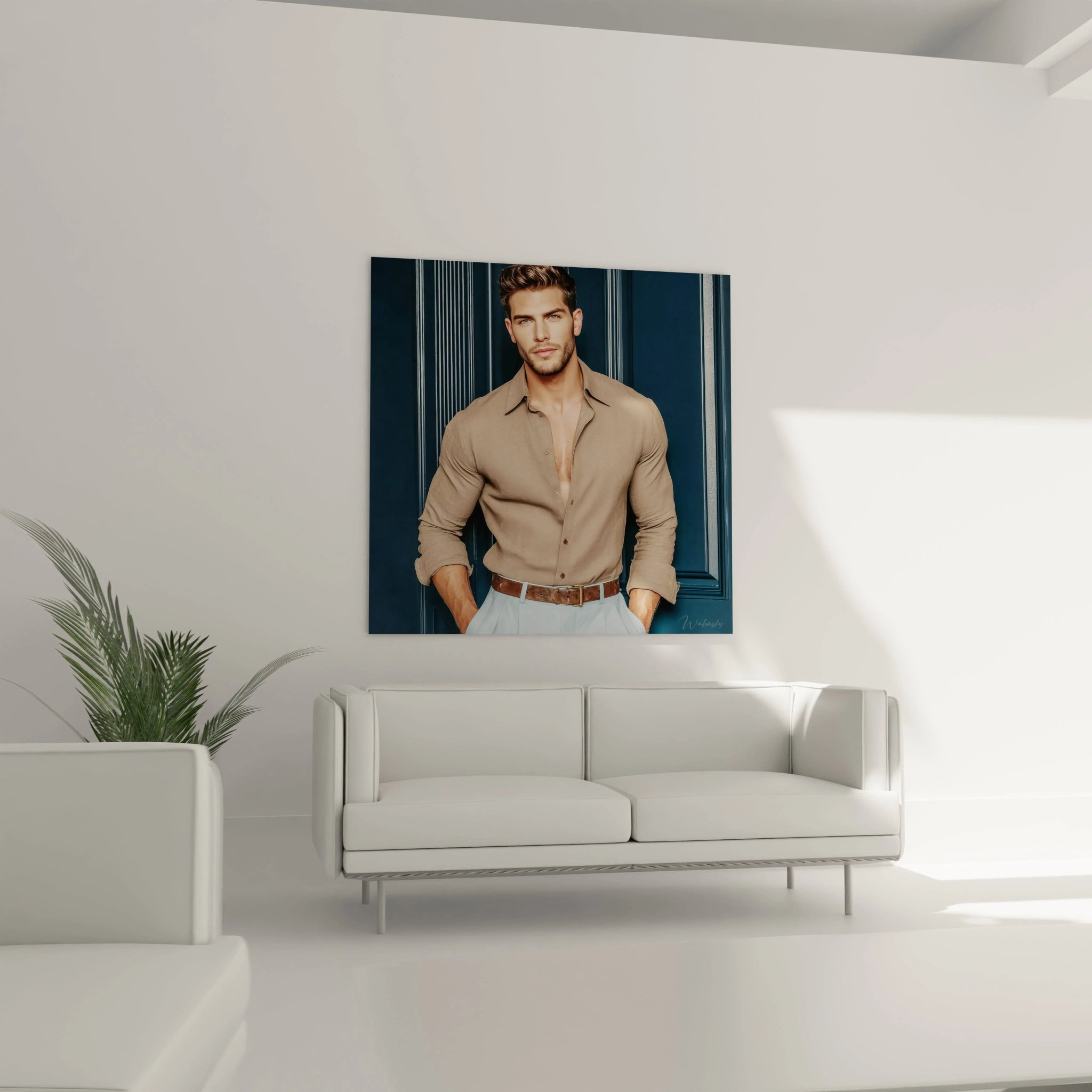 Tableau homme séduisant de Walensky accroché dans un salon moderne avec canapé blanc