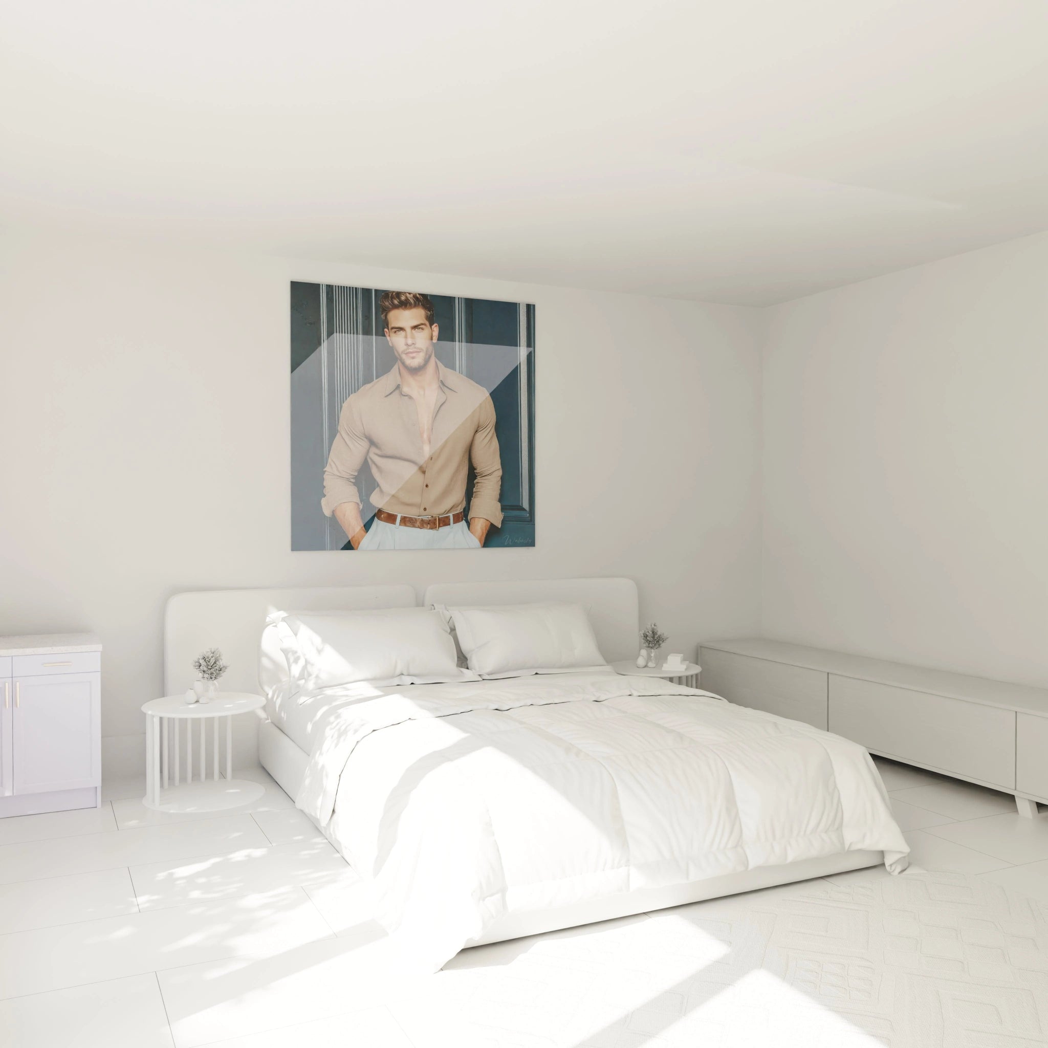 Tableau mural homme séduisant dans une chambre minimaliste avec lit blanc et meubles modernes