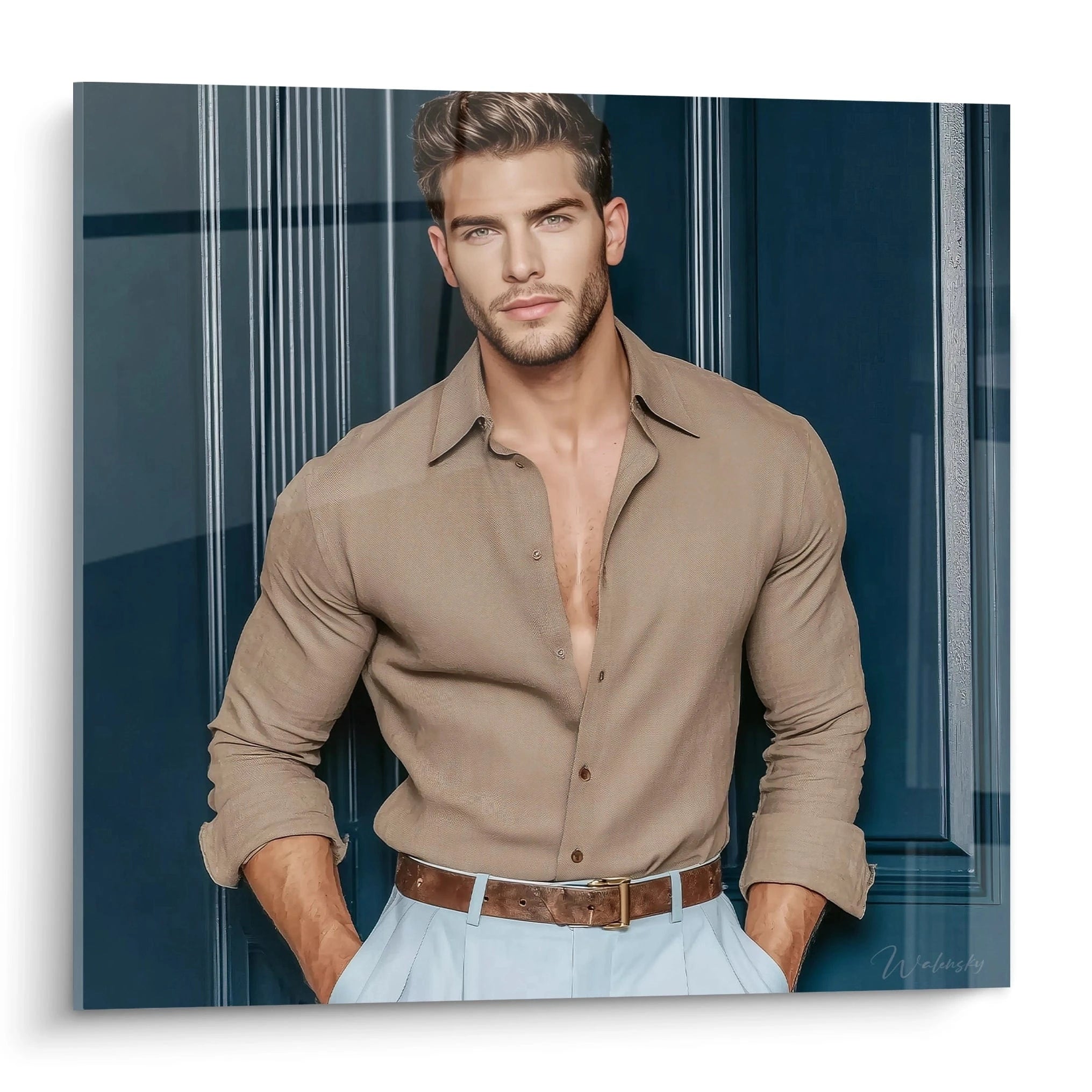 Tableau homme séduisant en chemise beige devant un mur bleu pour décoration intérieure moderne